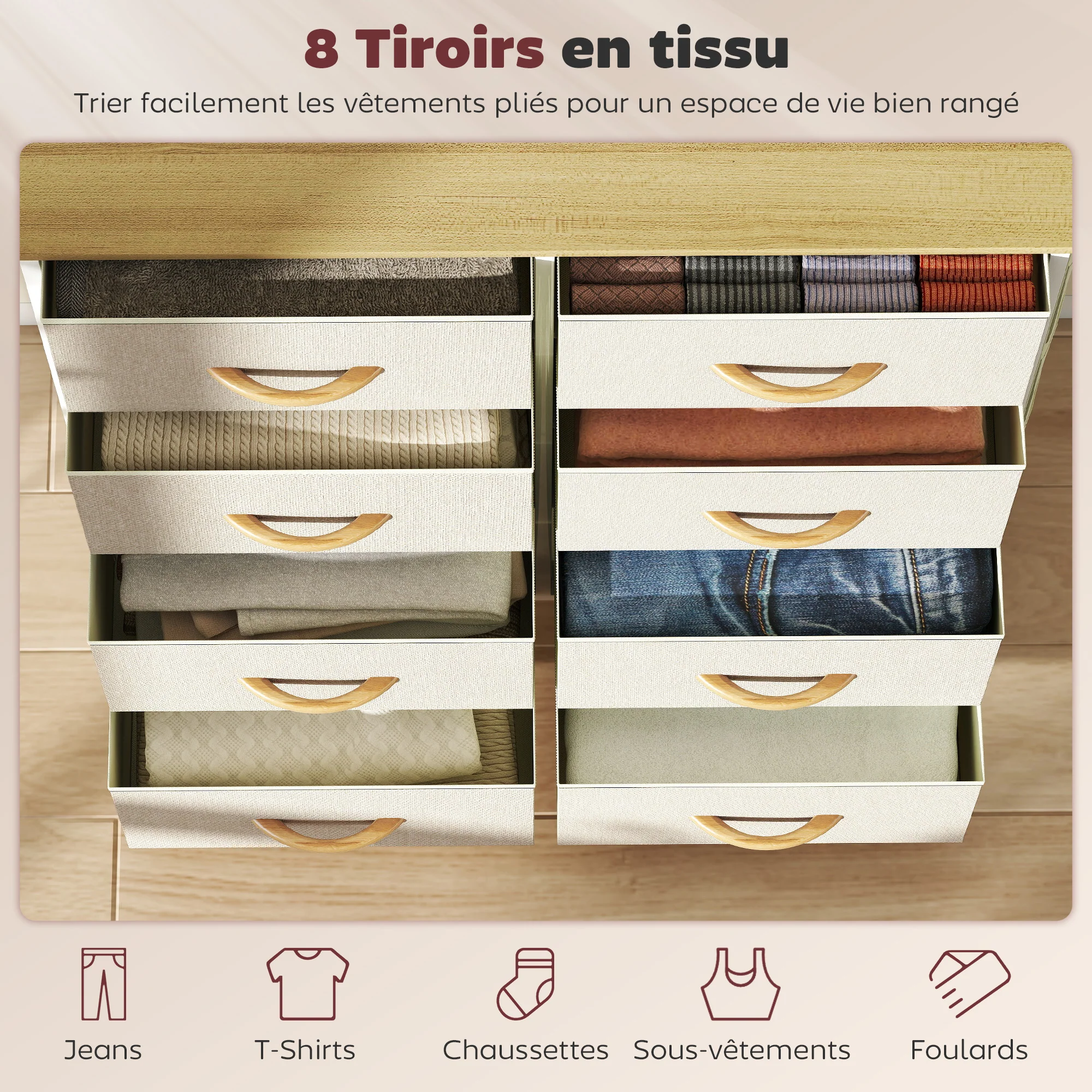 Commode 8 tiroirs en tissu, meuble de rangement avec 4 poches, 2 crochets, structure en acier, chiffonnier pour salon, chambre, entrée, beige - Image 5