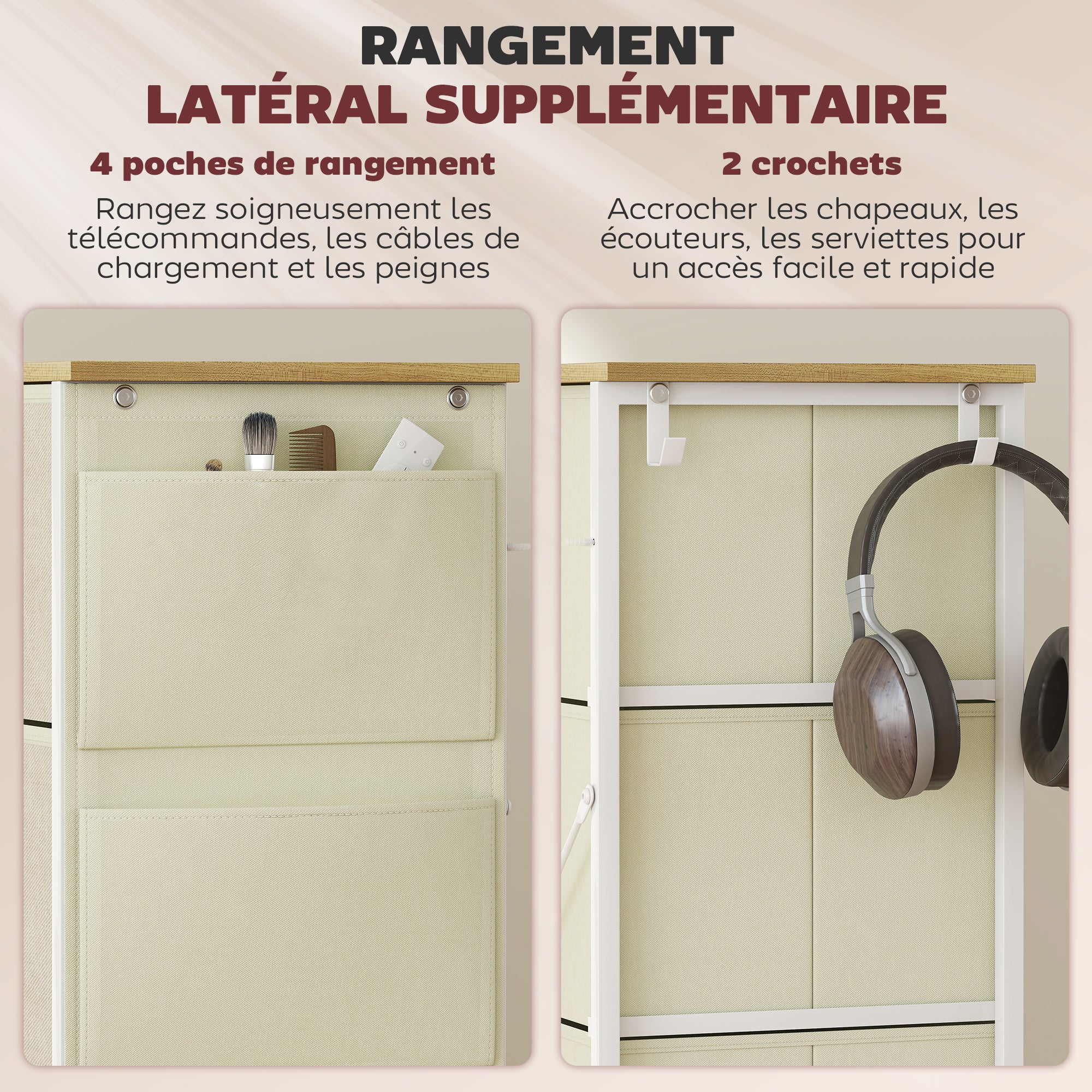 Commode 8 tiroirs en tissu, meuble de rangement avec 4 poches, 2 crochets, structure en acier, chiffonnier pour salon, chambre, entrée, beige - Image 6