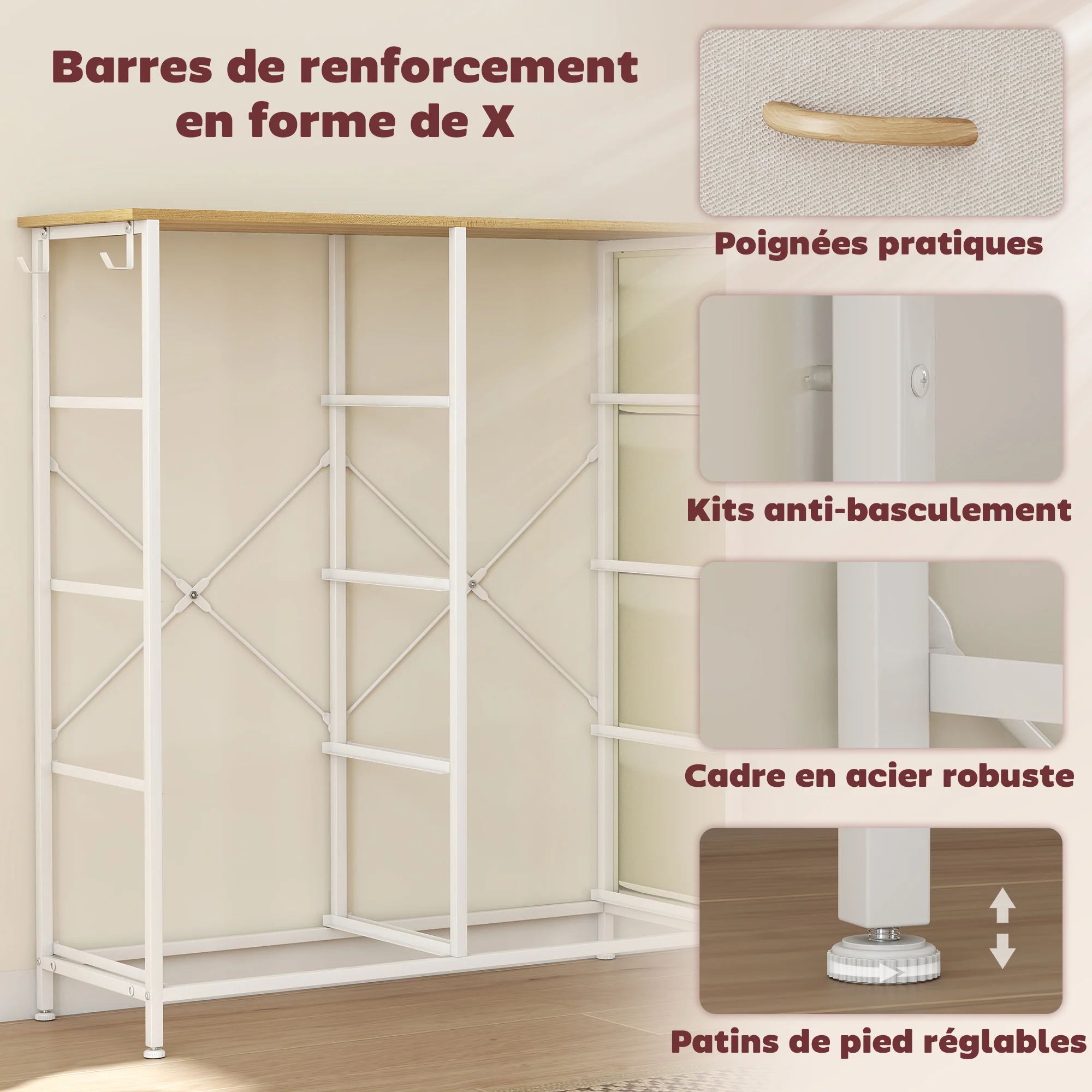 Commode 8 tiroirs en tissu, meuble de rangement avec 4 poches, 2 crochets, structure en acier, chiffonnier pour salon, chambre, entrée, beige - Image 7