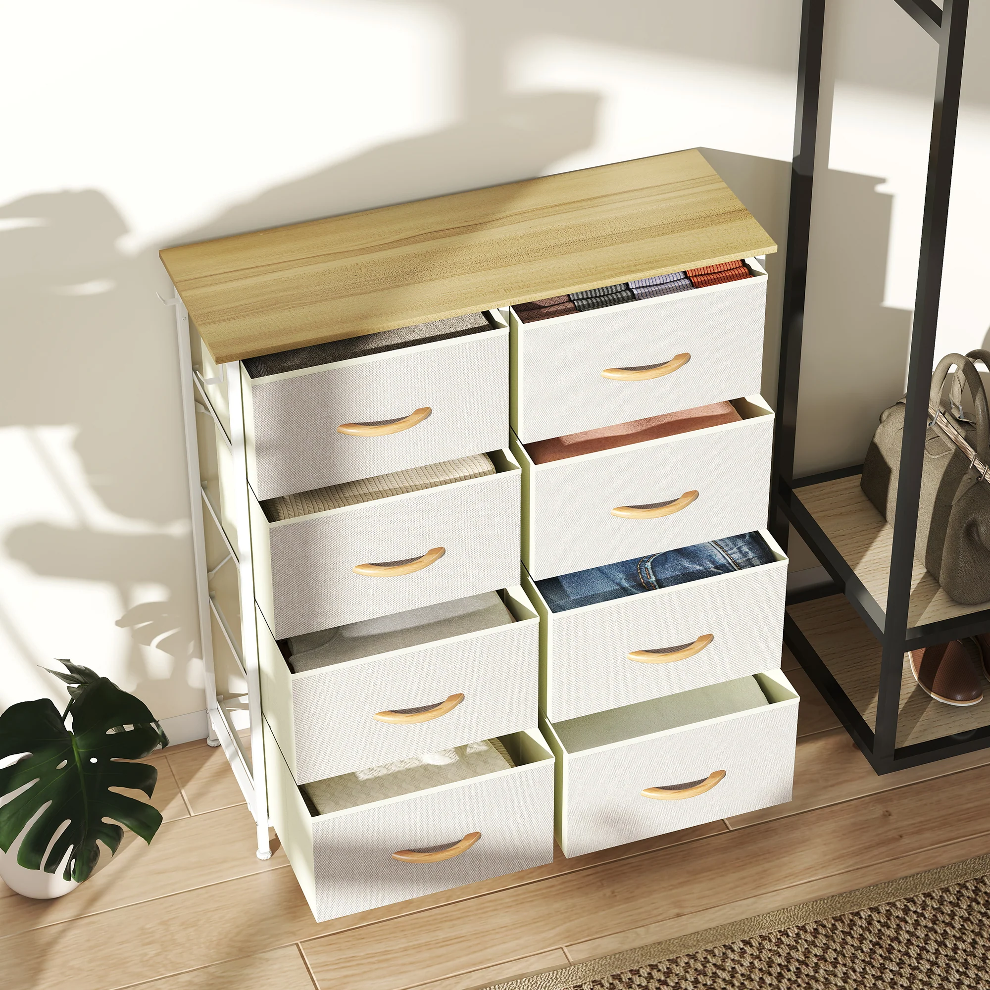 Commode 8 tiroirs en tissu, meuble de rangement avec 4 poches, 2 crochets, structure en acier, chiffonnier pour salon, chambre, entrée, beige - Image 9