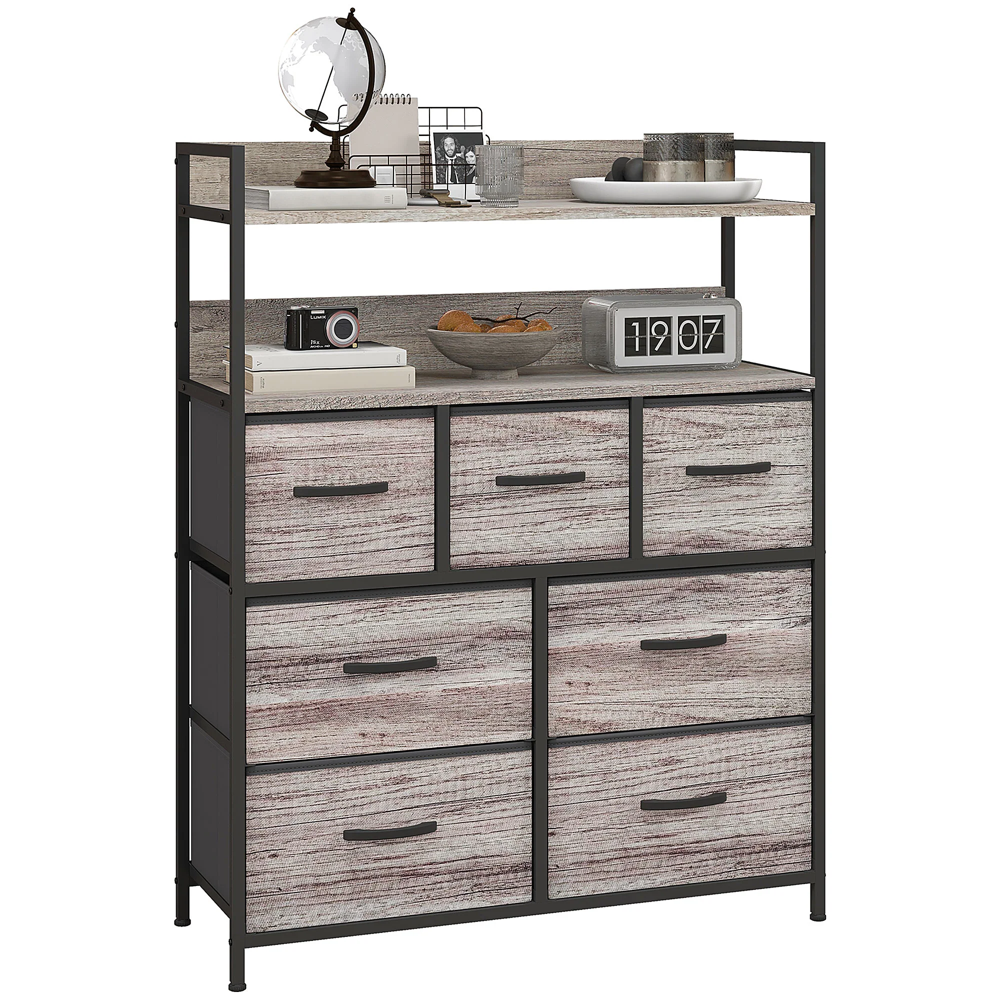 Commode chambre meuble de rangement commode 7 tiroirs en tissu pliables et amovibles avec étagères ouvertes et cadre en acier, chiffonnier pour salon, chambre, entrée, gris - Image 11