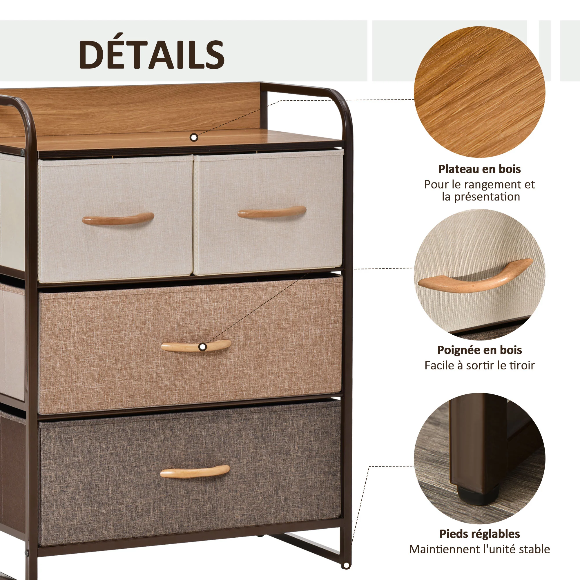 Commode Meuble de Rangement 4 tiroirs en Tissu 58 x 29 x 78,5 cm multicolore - Image 7