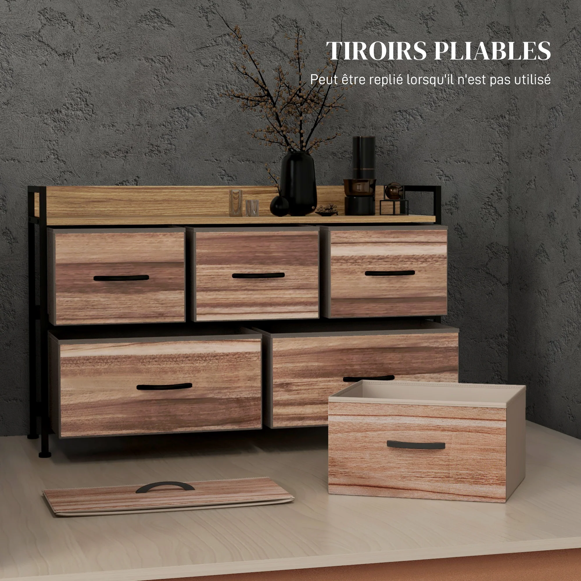 Commode Meuble de Rangement 5 tiroirs en Tissu 98 x 29 x 63 cm structure en acier noir - Image 7