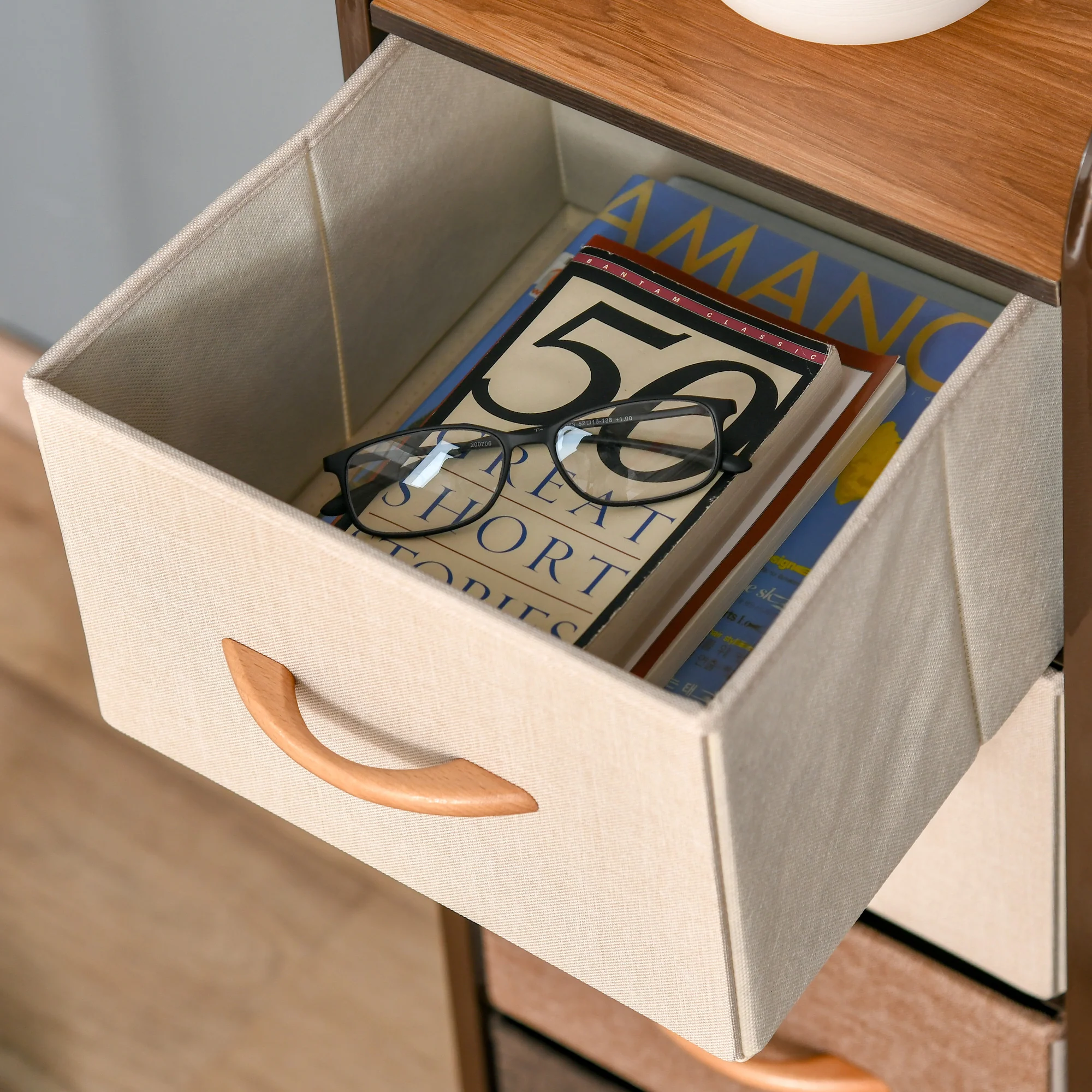 Commode Meuble de Rangement 5 tiroirs en tissu pliant - structure acier noir - 45 x 30 x 116 cm beige, marron - Image 10