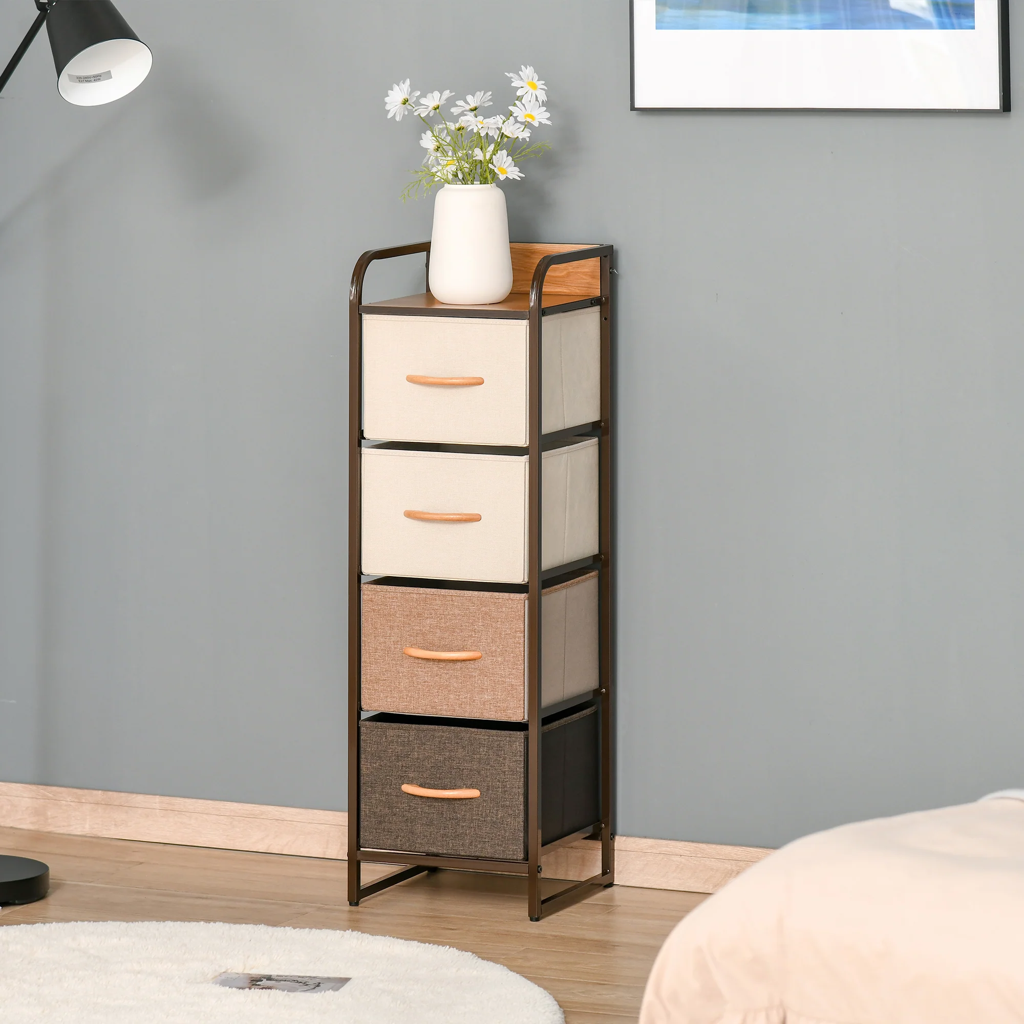 Commode Meuble de Rangement 5 tiroirs en tissu pliant - structure acier noir - 45 x 30 x 116 cm beige, marron - Image 3