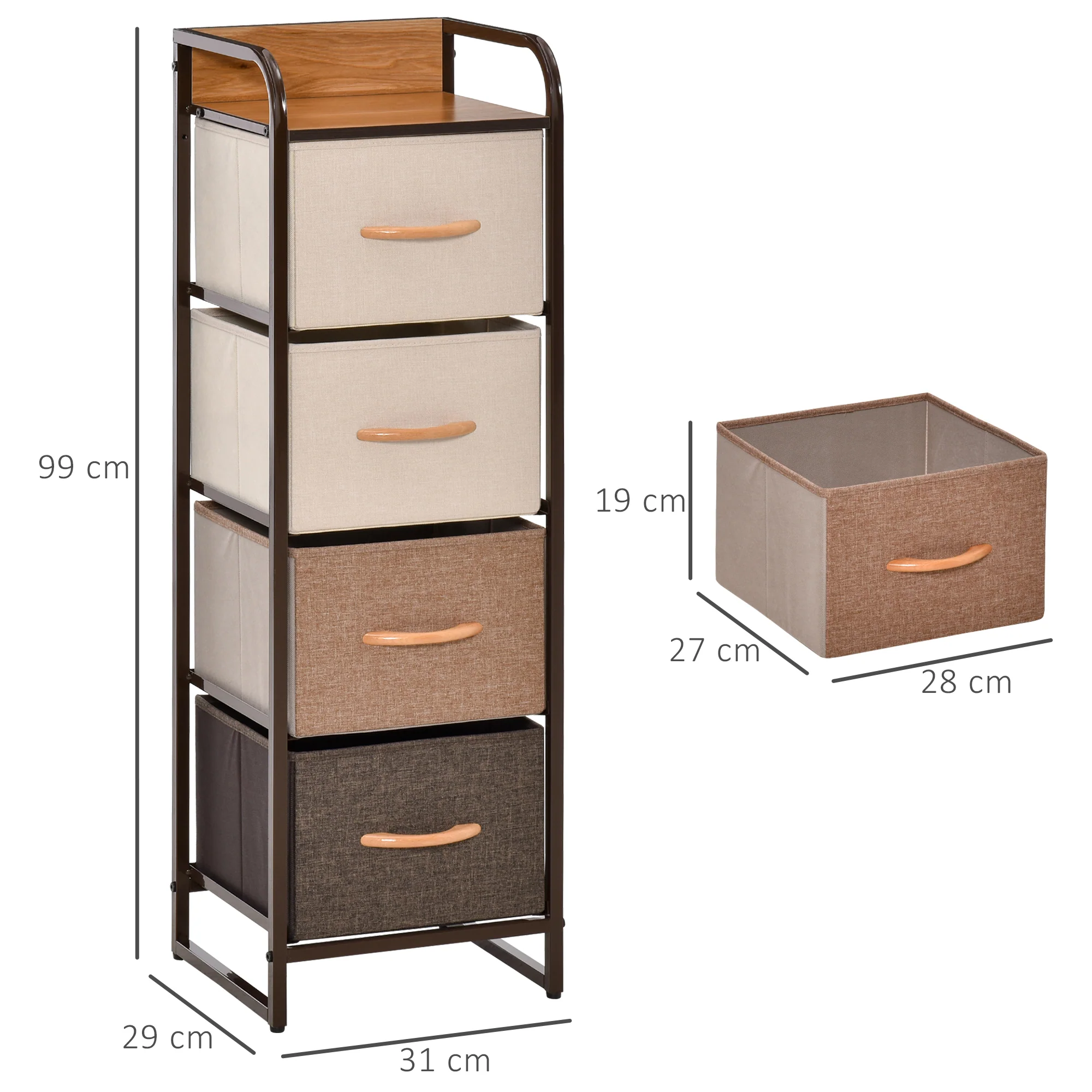 Commode Meuble de Rangement 5 tiroirs en tissu pliant - structure acier noir - 45 x 30 x 116 cm beige, marron - Image 4