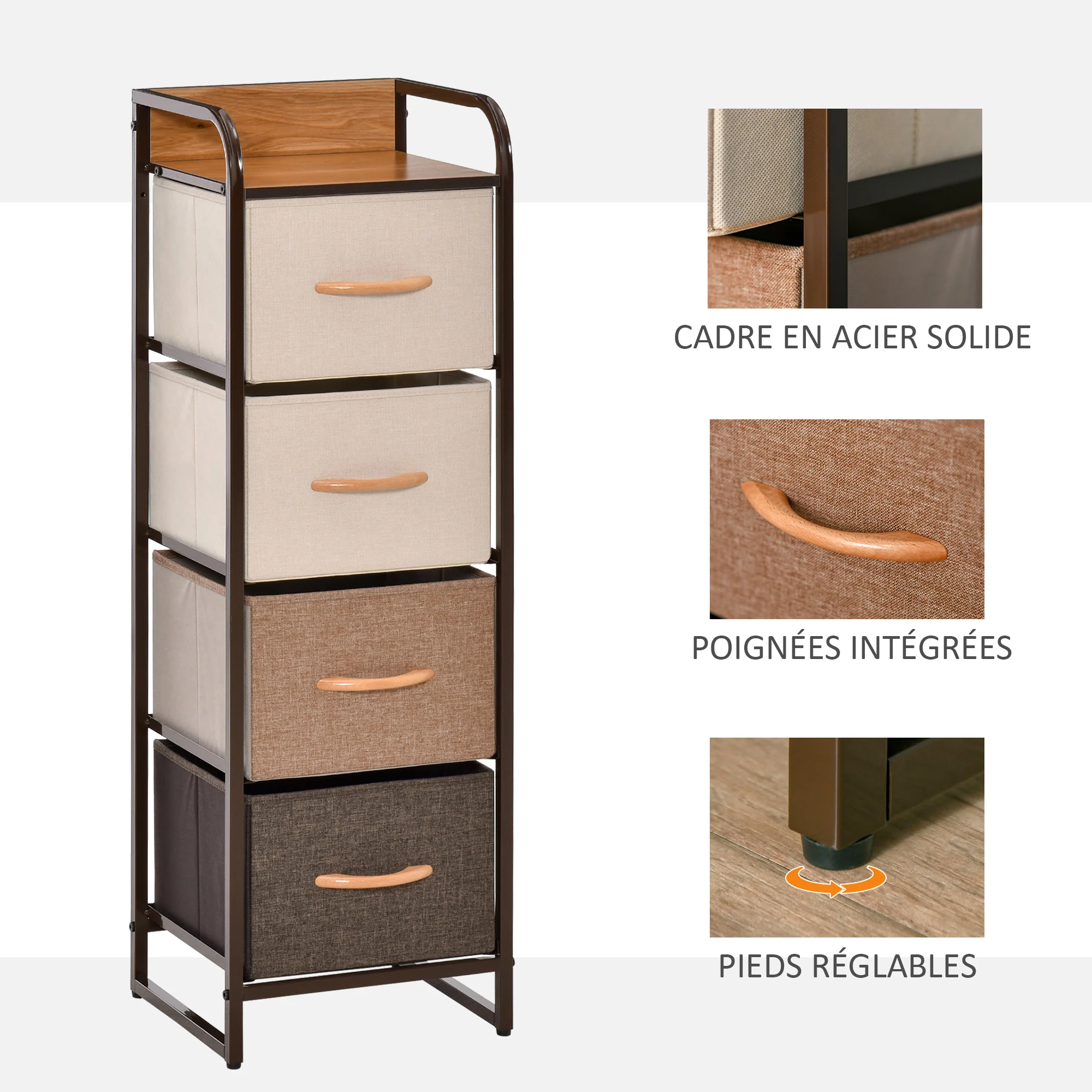 Commode Meuble de Rangement 5 tiroirs en tissu pliant - structure acier noir - 45 x 30 x 116 cm beige, marron - Image 5