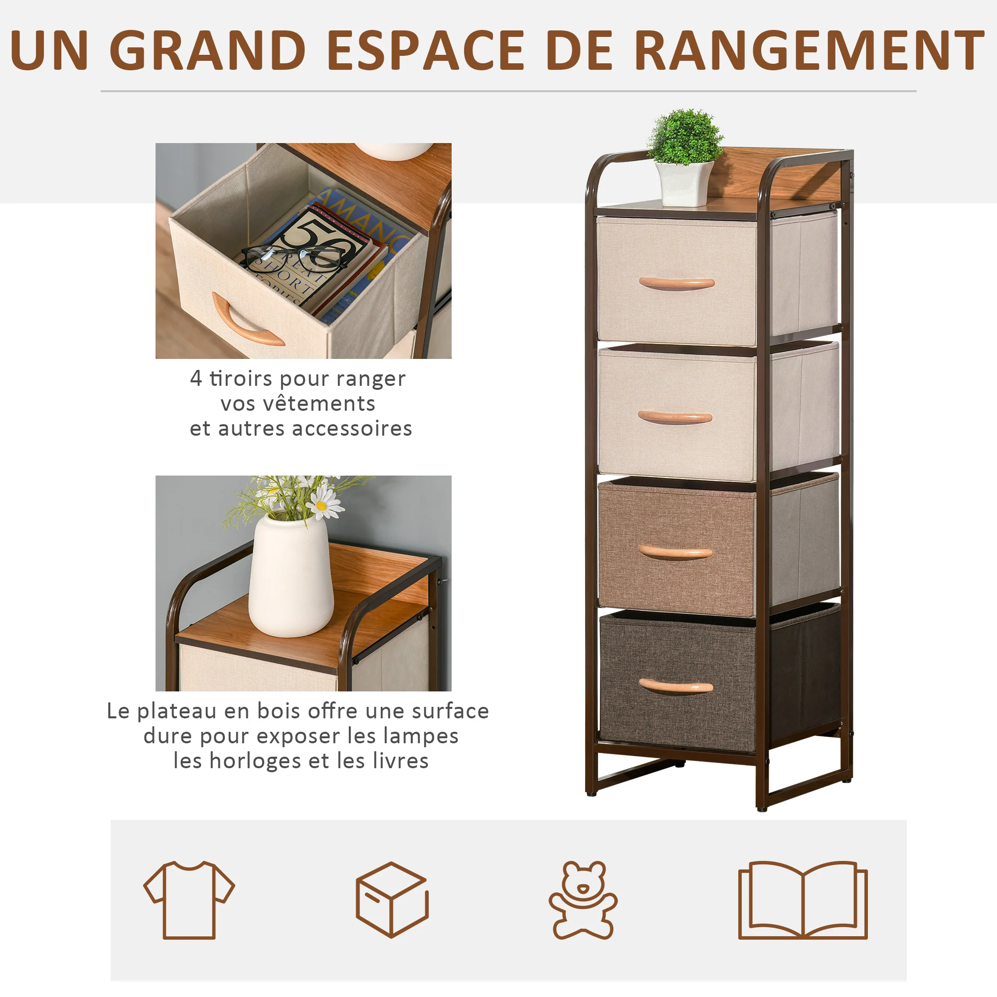 Commode Meuble de Rangement 5 tiroirs en tissu pliant - structure acier noir - 45 x 30 x 116 cm beige, marron - Image 6
