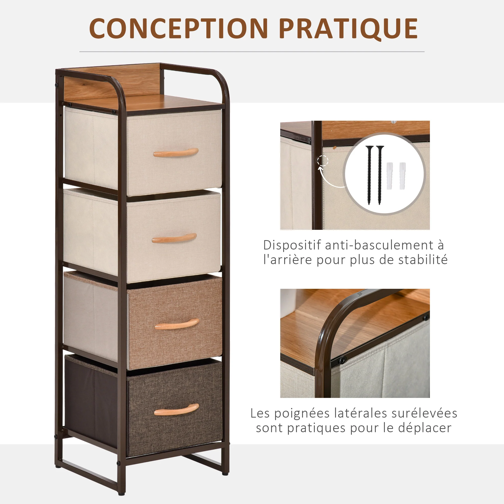 Commode Meuble de Rangement 5 tiroirs en tissu pliant - structure acier noir - 45 x 30 x 116 cm beige, marron - Image 8