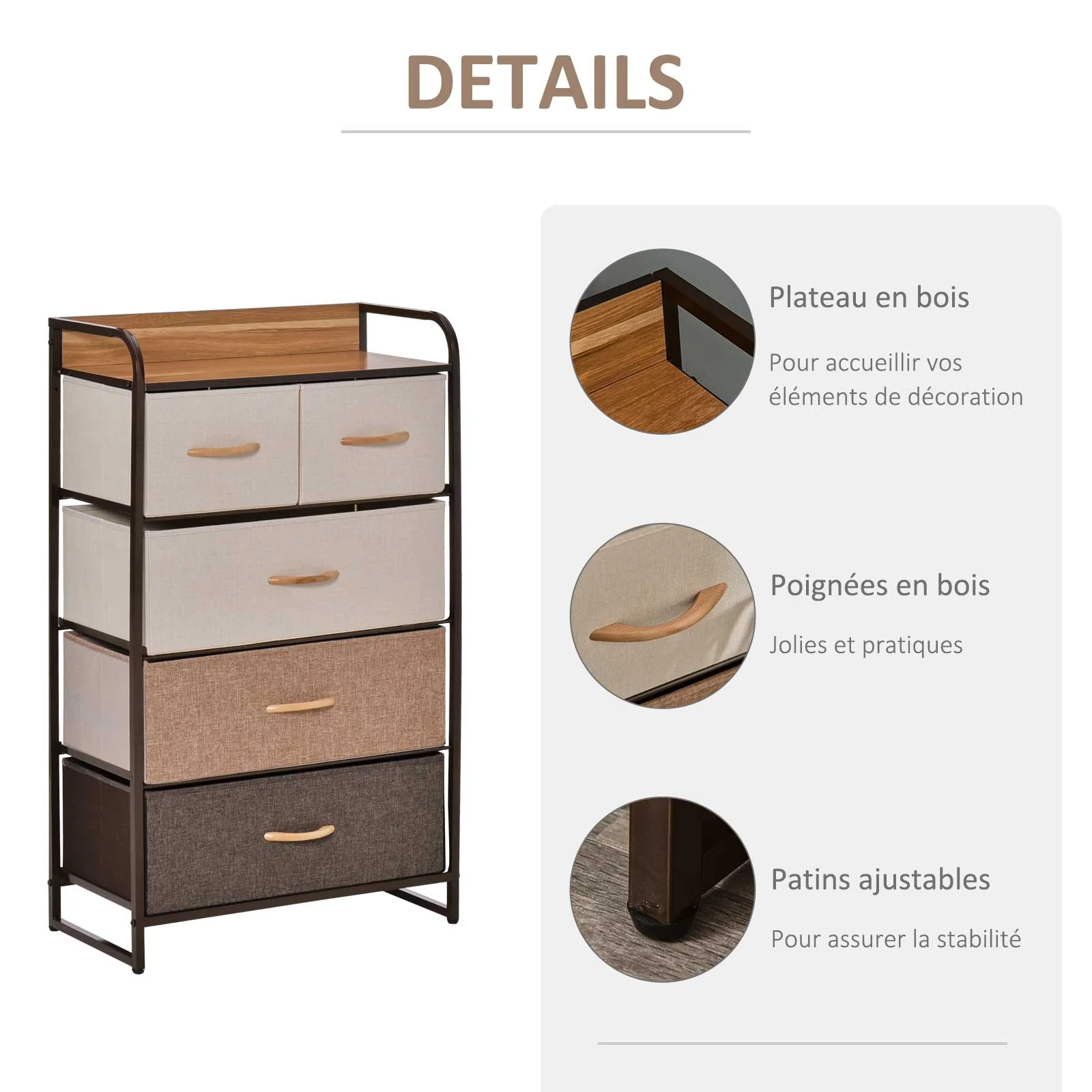 Commode Meuble de Rangement 5 tiroirs Pliables en Tissu 58 x 29 x 99 cm Multicolore - Image 7
