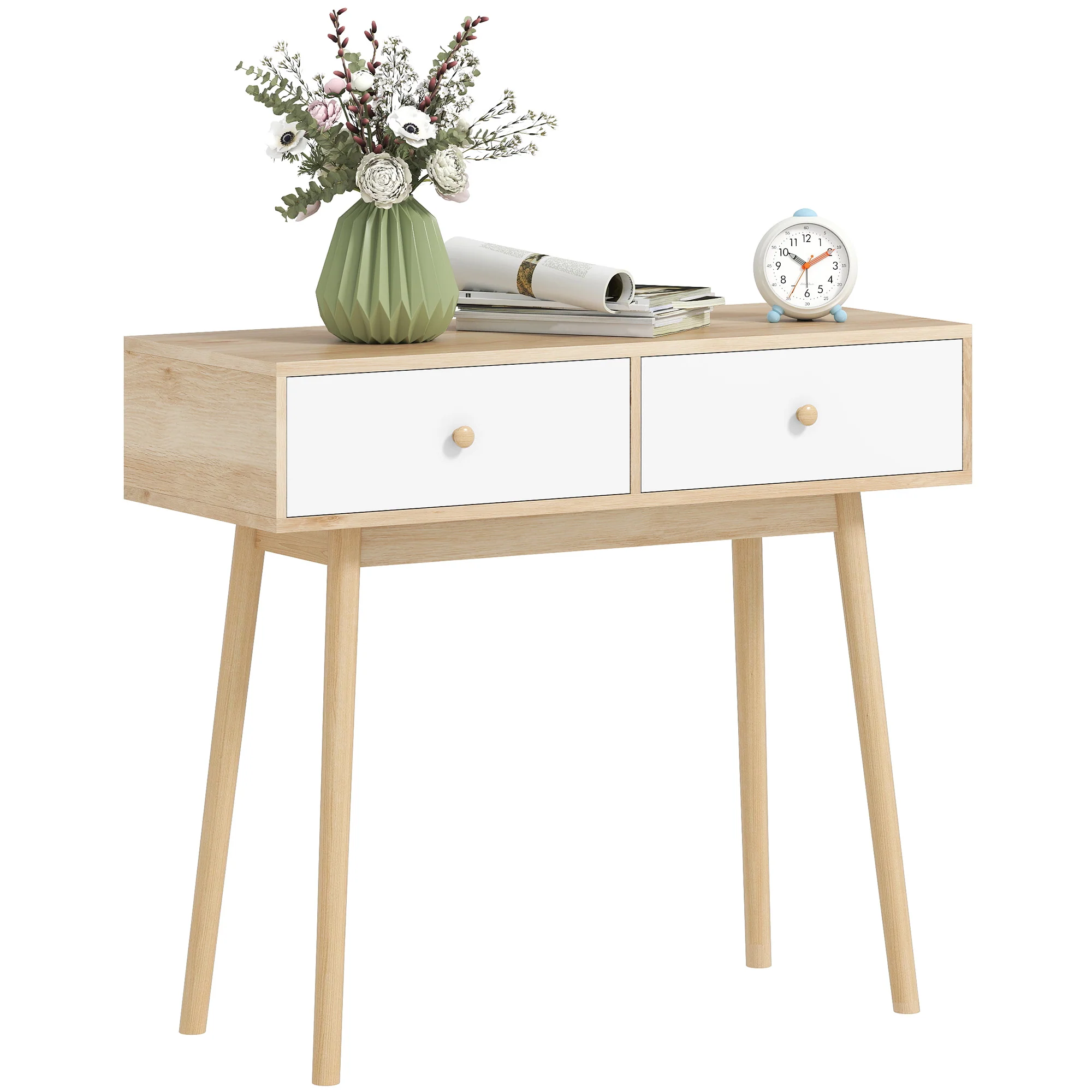 Console meuble, table console, console entrée style moderne, table d'entrée étroite avec 2 tiroirs et pieds en bois, bout de canapé, pour salon, entrée, couloir, 86 x 35 x 75 cm, chêne et blanc - Image 11