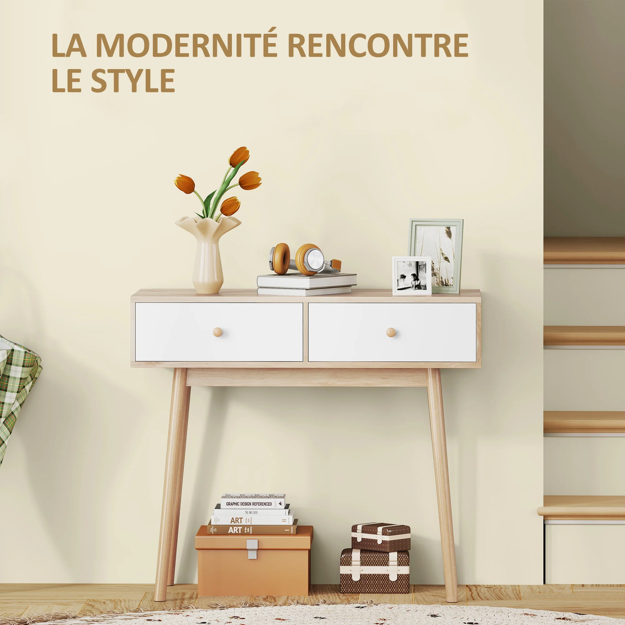 Console meuble, table console, console entrée style moderne, table d'entrée étroite avec 2 tiroirs et pieds en bois, bout de canapé, pour salon, entrée, couloir, 86 x 35 x 75 cm, chêne et blanc - Image 6