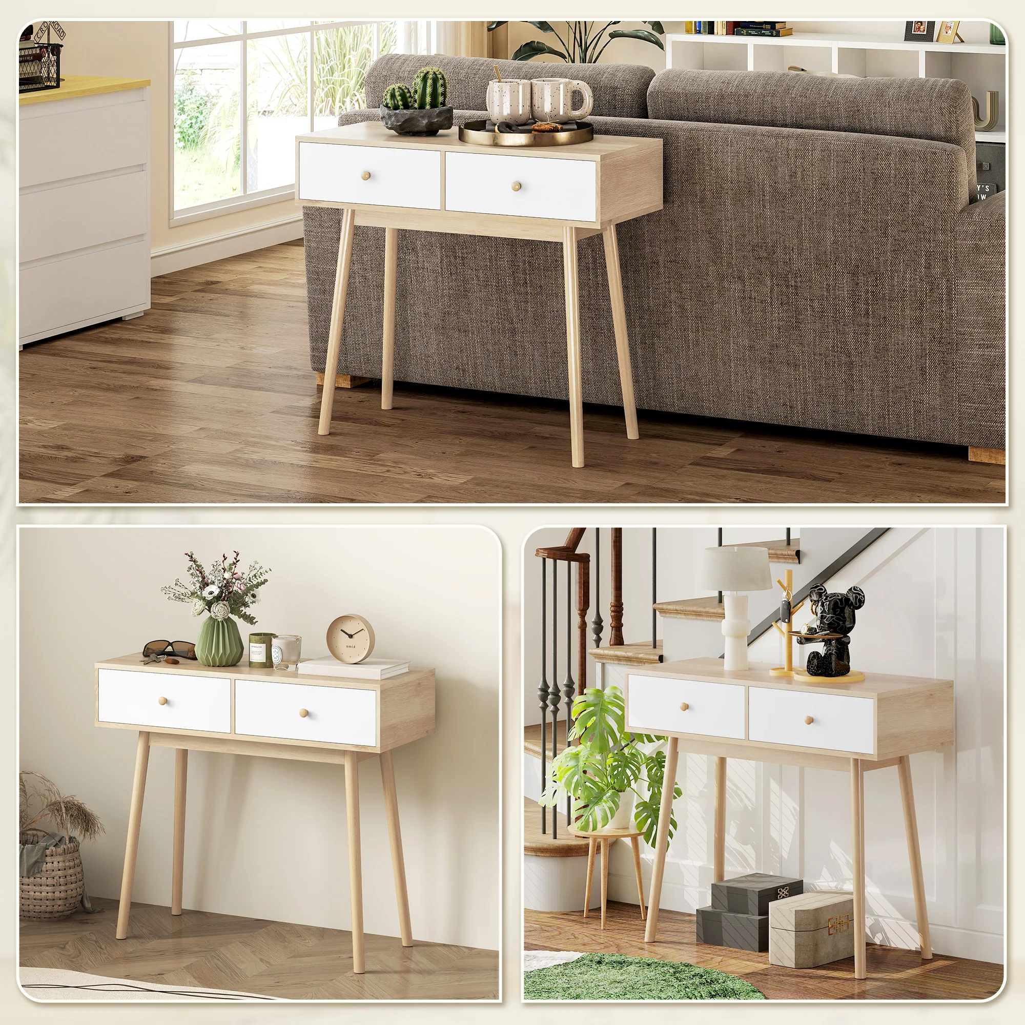 Console meuble, table console, console entrée style moderne, table d'entrée étroite avec 2 tiroirs et pieds en bois, bout de canapé, pour salon, entrée, couloir, 86 x 35 x 75 cm, chêne et blanc - Image 8