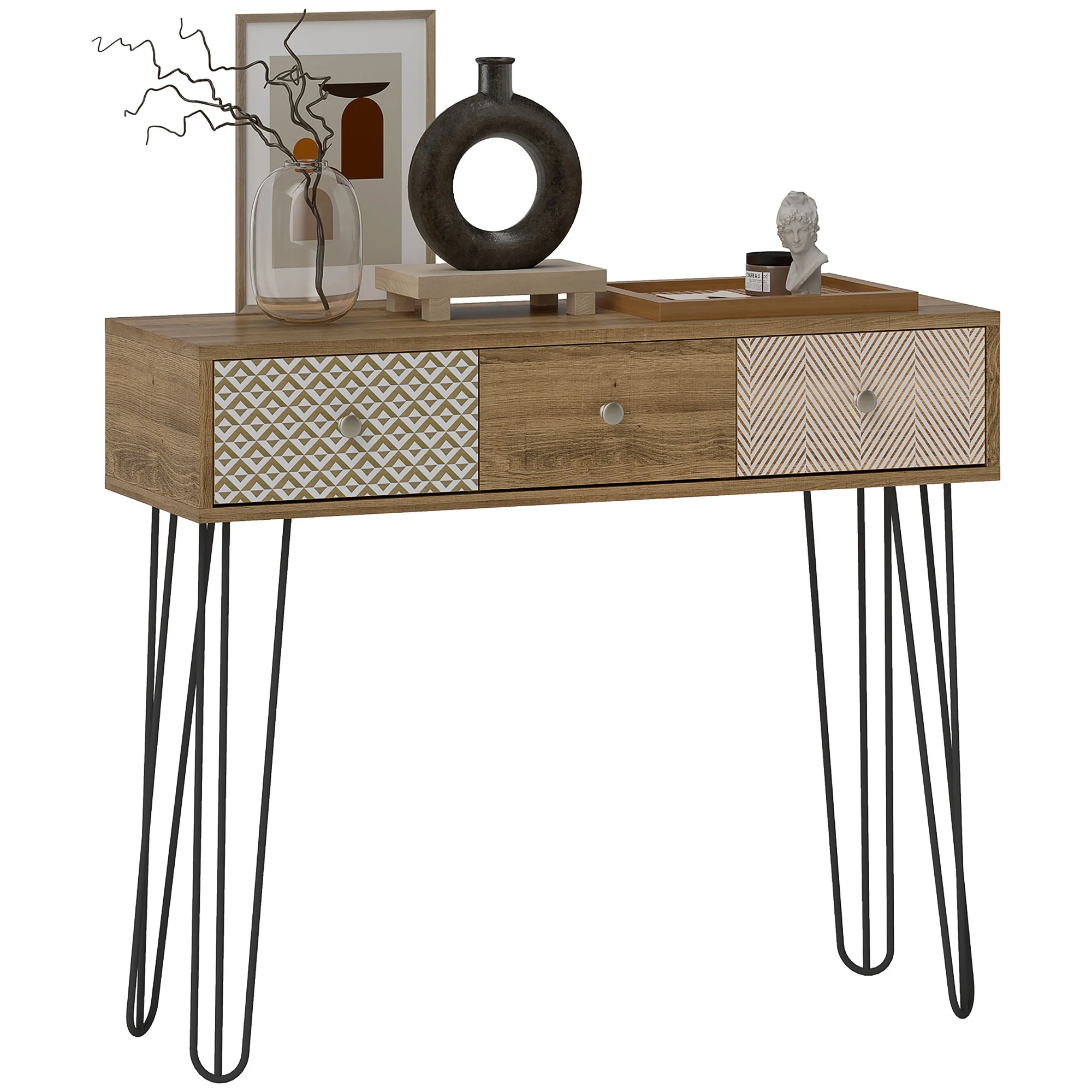 Console meuble, table console, console entrée style nordique, table d'entrée étroite avec 3 tiroirs et pieds en acier, bout de canapé, pour salon, entrée, couloir, marron - Image 11