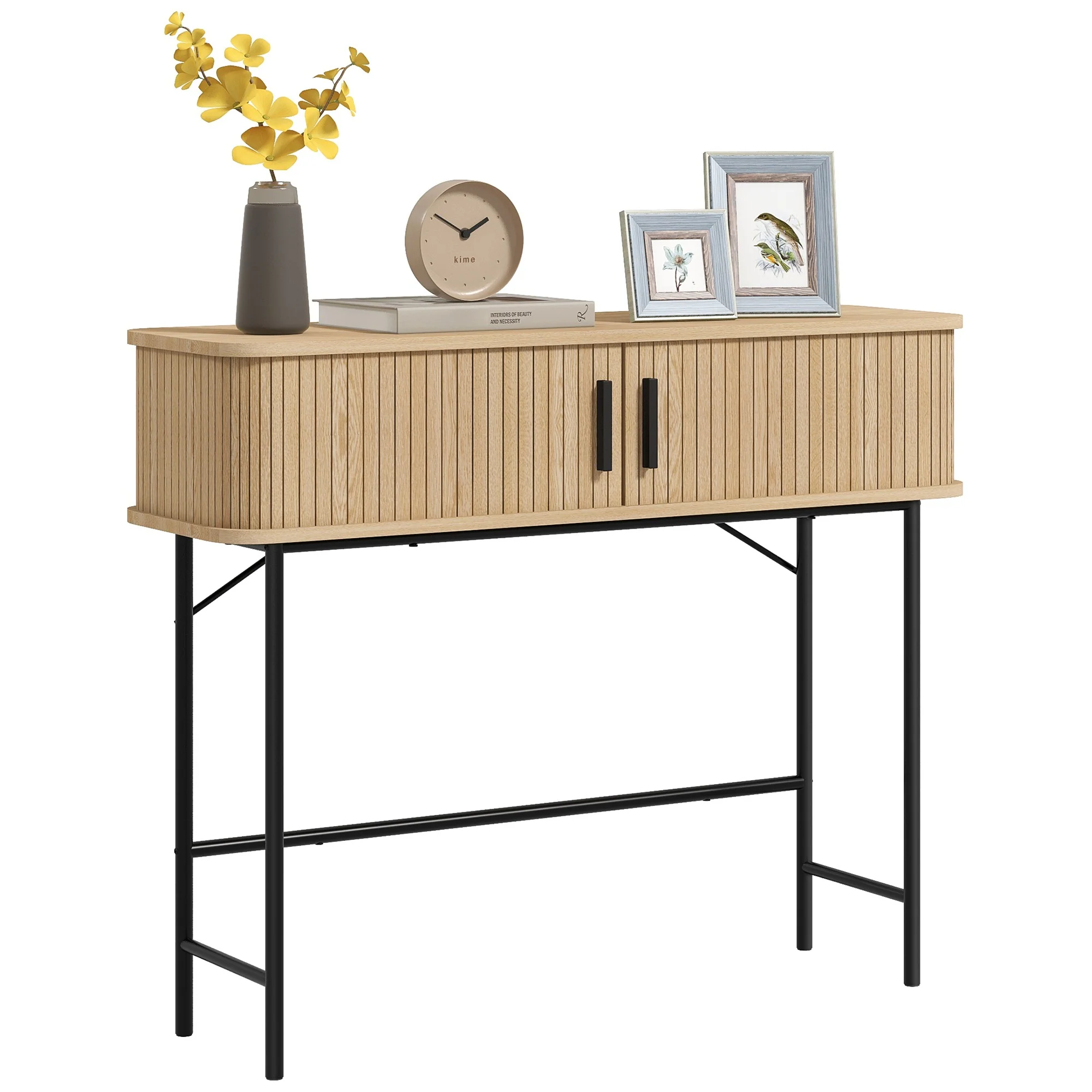 Console meuble, table console, console entrée, table d'entrée avec portes coulissantes à lattes et pieds en acier, bout de canapé pour salon, chêne et noir - Image 11