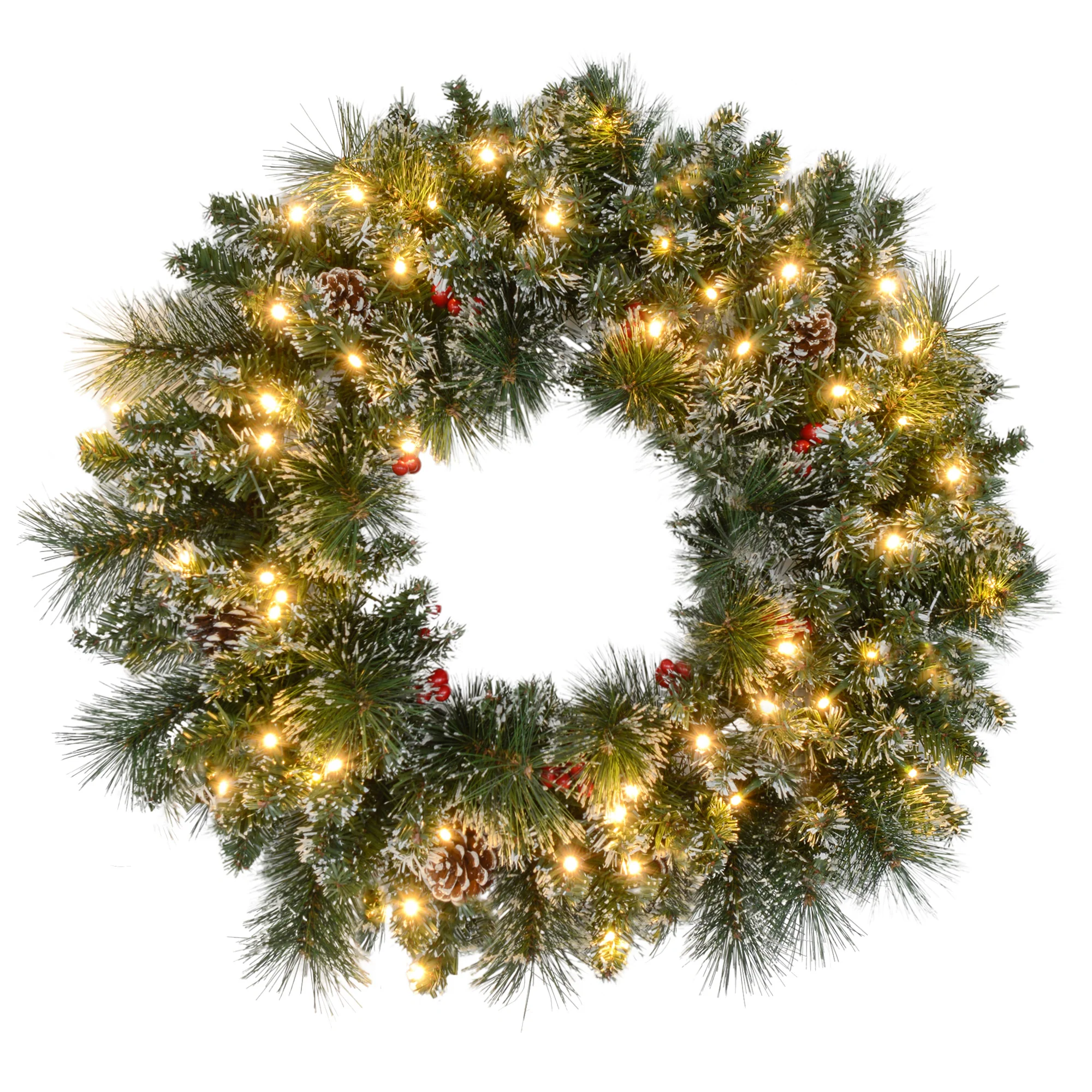 Couronne de No?l porte artificielle 60 CM décoration de No?l lumineuse avec pommes de pin et grappes de baies, lumières LED et minuterie, pour porte, fenêtre ou cheminée, vert