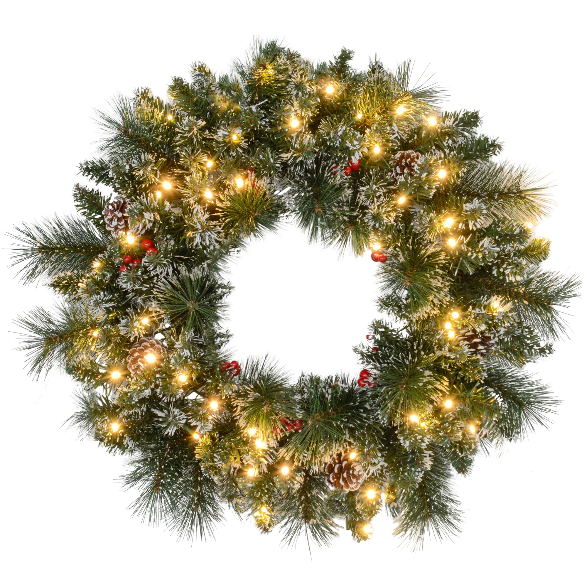 Couronne de No?l porte artificielle 60 CM décoration de No?l lumineuse avec pommes de pin et grappes de baies, lumières LED et minuterie, pour porte, fenêtre ou cheminée, vert - Image 2