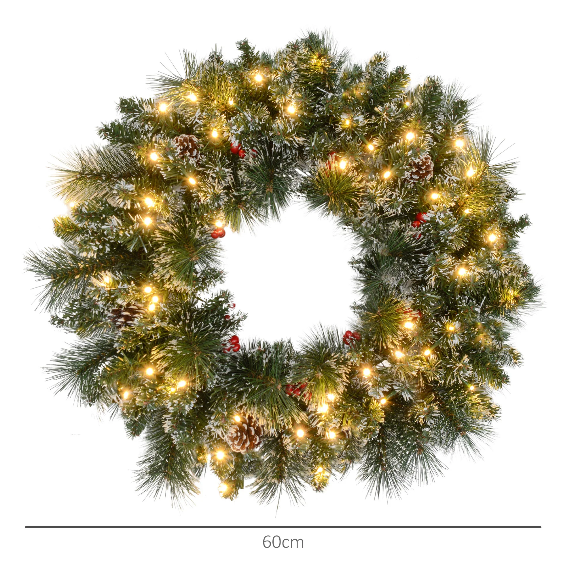 Couronne de No?l porte artificielle 60 CM décoration de No?l lumineuse avec pommes de pin et grappes de baies, lumières LED et minuterie, pour porte, fenêtre ou cheminée, vert - Image 4