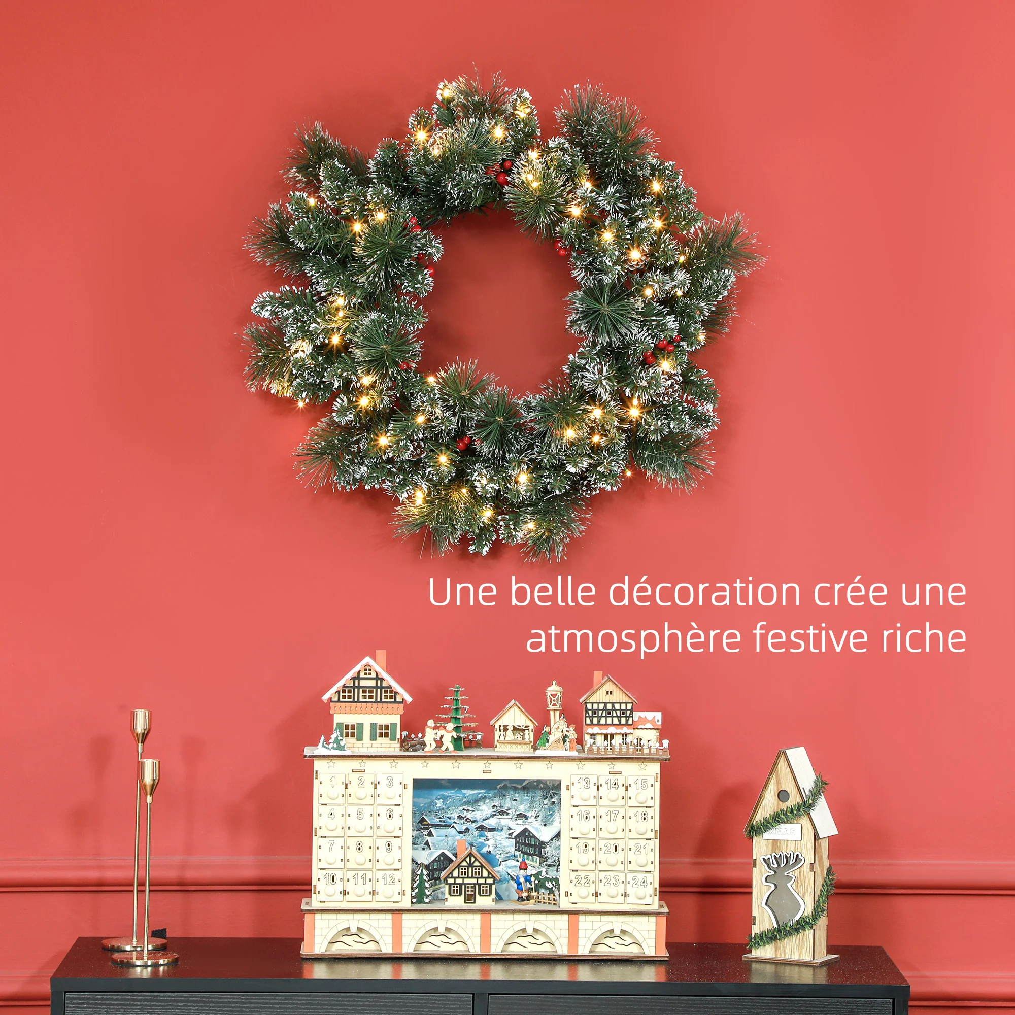 Couronne de No?l porte artificielle 60 CM décoration de No?l lumineuse avec pommes de pin et grappes de baies, lumières LED et minuterie, pour porte, fenêtre ou cheminée, vert - Image 5