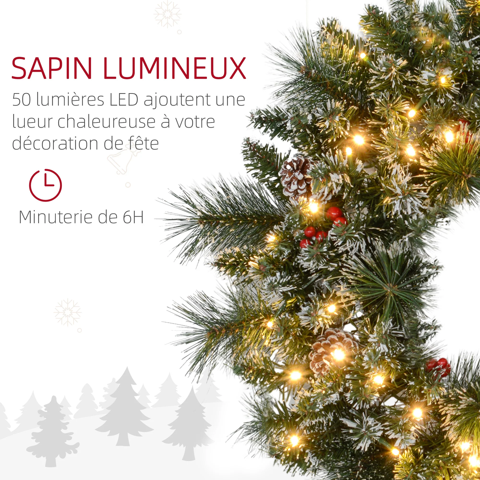 Couronne de No?l porte artificielle 60 CM décoration de No?l lumineuse avec pommes de pin et grappes de baies, lumières LED et minuterie, pour porte, fenêtre ou cheminée, vert - Image 6