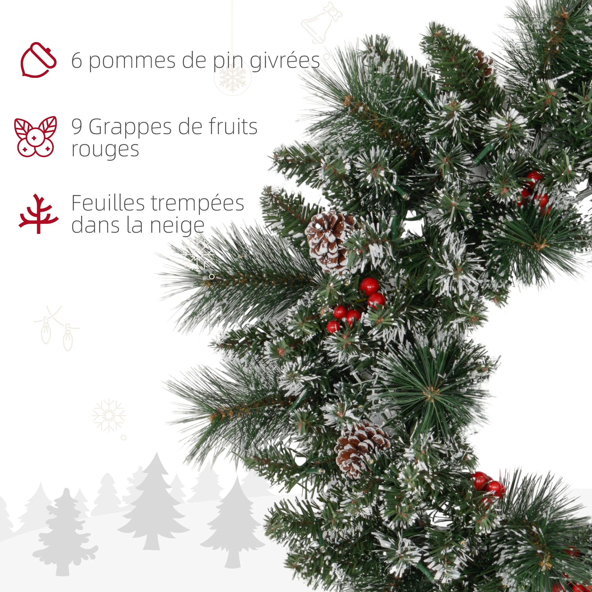 Couronne de No?l porte artificielle 60 CM décoration de No?l lumineuse avec pommes de pin et grappes de baies, lumières LED et minuterie, pour porte, fenêtre ou cheminée, vert - Image 7