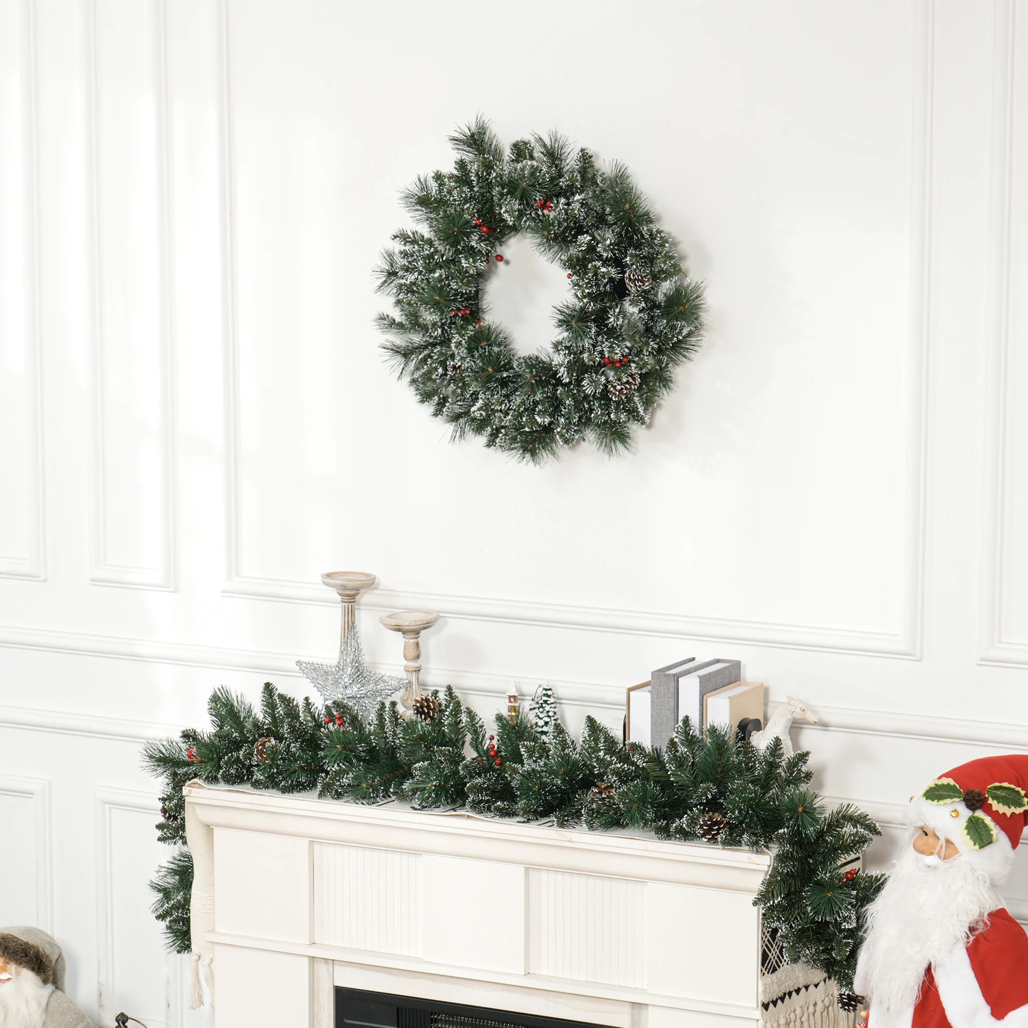 Couronne de No?l porte artificielle 60 CM décoration de No?l lumineuse avec pommes de pin et grappes de baies, lumières LED et minuterie, pour porte, fenêtre ou cheminée, vert - Image 9