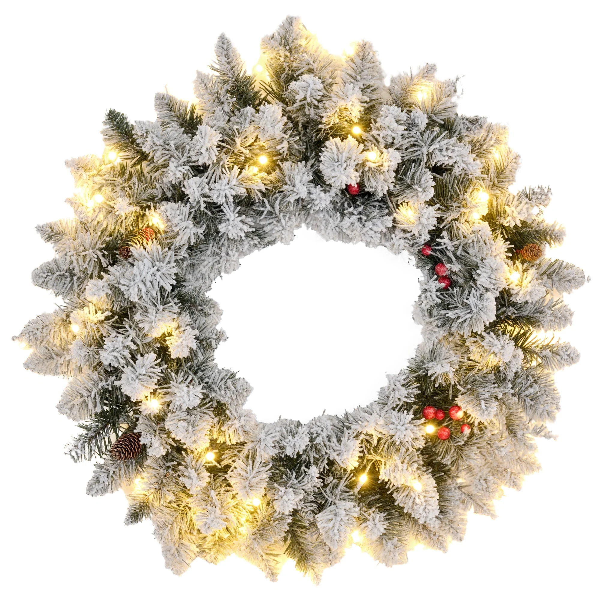 Couronne de Noël porte givrée artificielle 60 CM décoration de Noël lumineuse avec pommes de pin et baies rouges, lumières LED et minuterie, pour porte, fenêtre ou cheminée, vert - Image 11