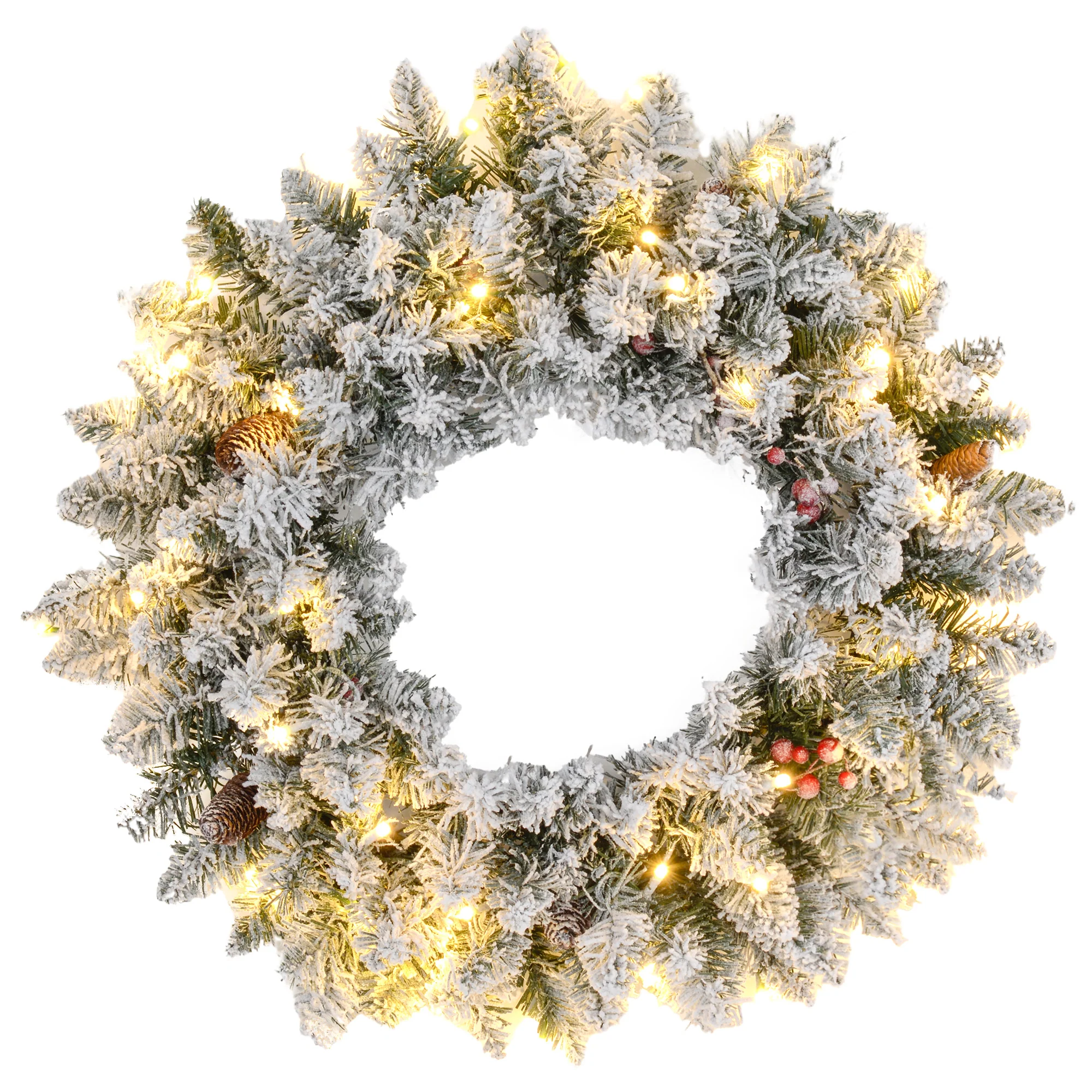 Couronne de Noël porte givrée artificielle 60 CM décoration de Noël lumineuse avec pommes de pin et baies rouges, lumières LED et minuterie, pour porte, fenêtre ou cheminée, vert - Image 2