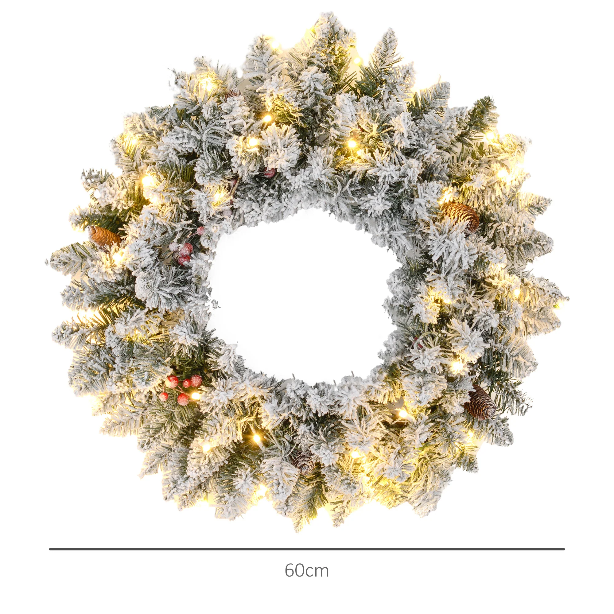 Couronne de Noël porte givrée artificielle 60 CM décoration de Noël lumineuse avec pommes de pin et baies rouges, lumières LED et minuterie, pour porte, fenêtre ou cheminée, vert - Image 4