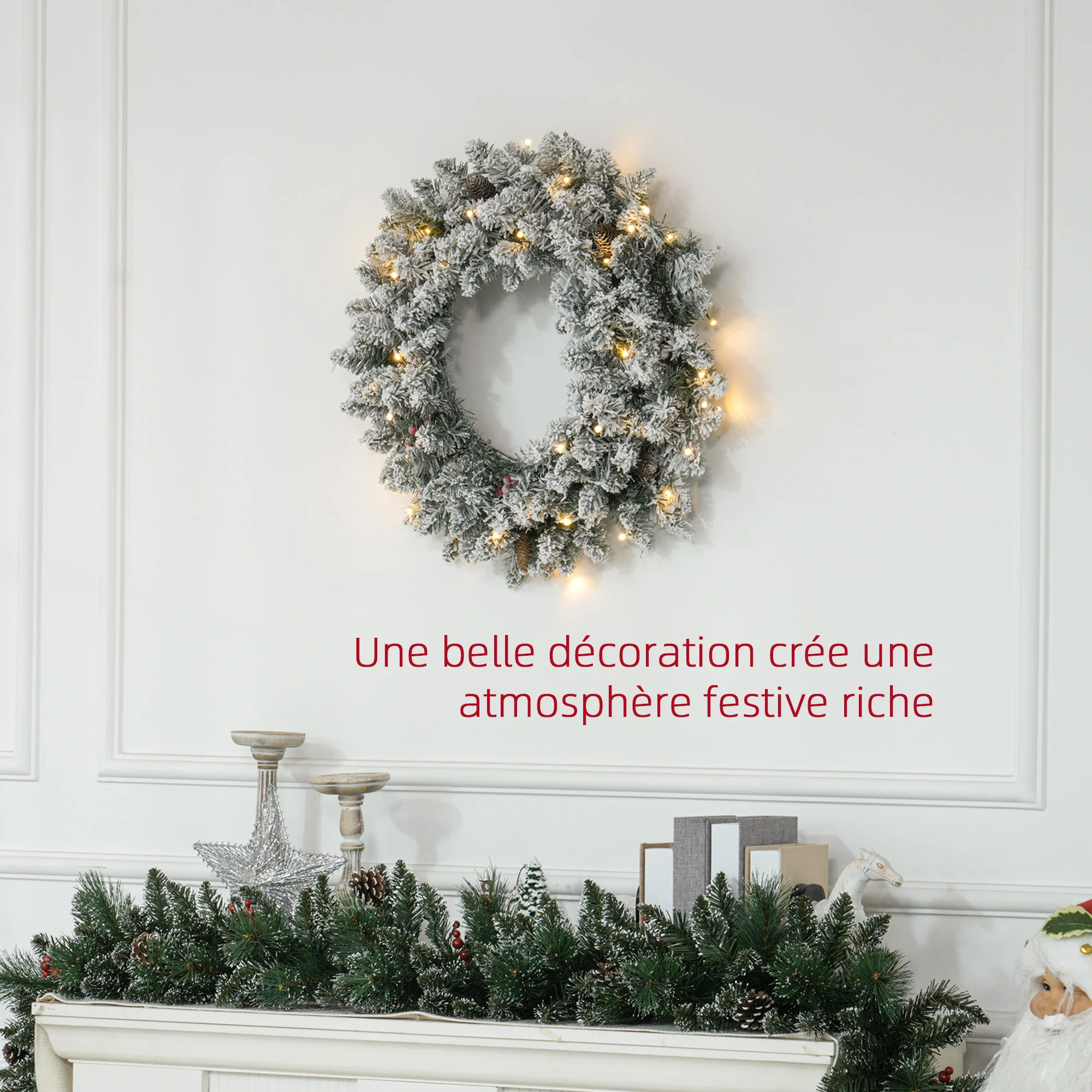 Couronne de Noël porte givrée artificielle 60 CM décoration de Noël lumineuse avec pommes de pin et baies rouges, lumières LED et minuterie, pour porte, fenêtre ou cheminée, vert - Image 5