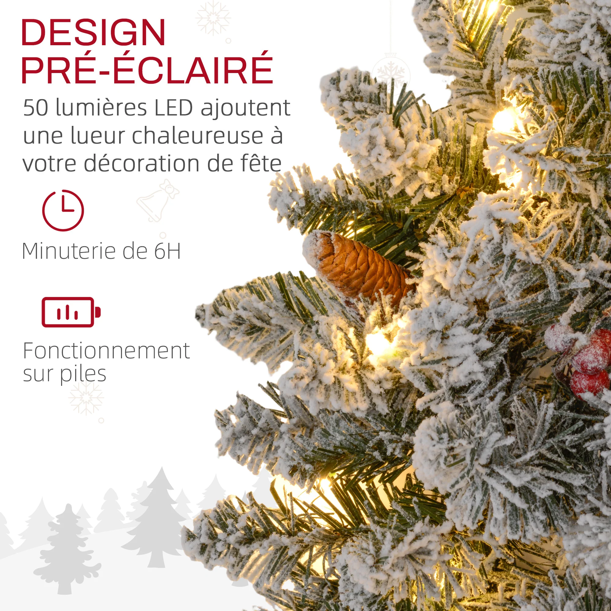 Couronne de Noël porte givrée artificielle 60 CM décoration de Noël lumineuse avec pommes de pin et baies rouges, lumières LED et minuterie, pour porte, fenêtre ou cheminée, vert - Image 6