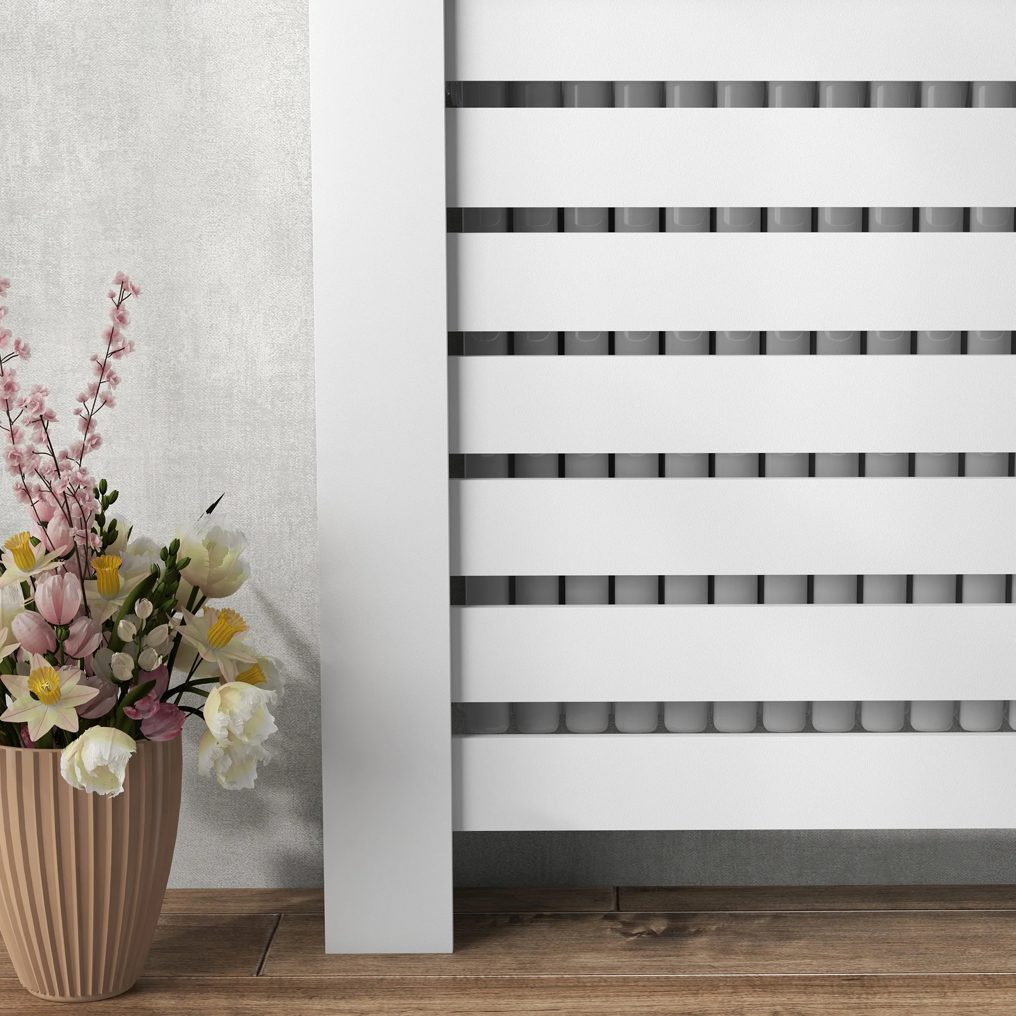 Couvercle de radiateur, cache radiateur, grille à lattes horizontales, avec 2 tiroirs, pour salon, chambre à coucher, couloir, en bois, 111 x 19 x 95,5 cm, blanc - Image 10