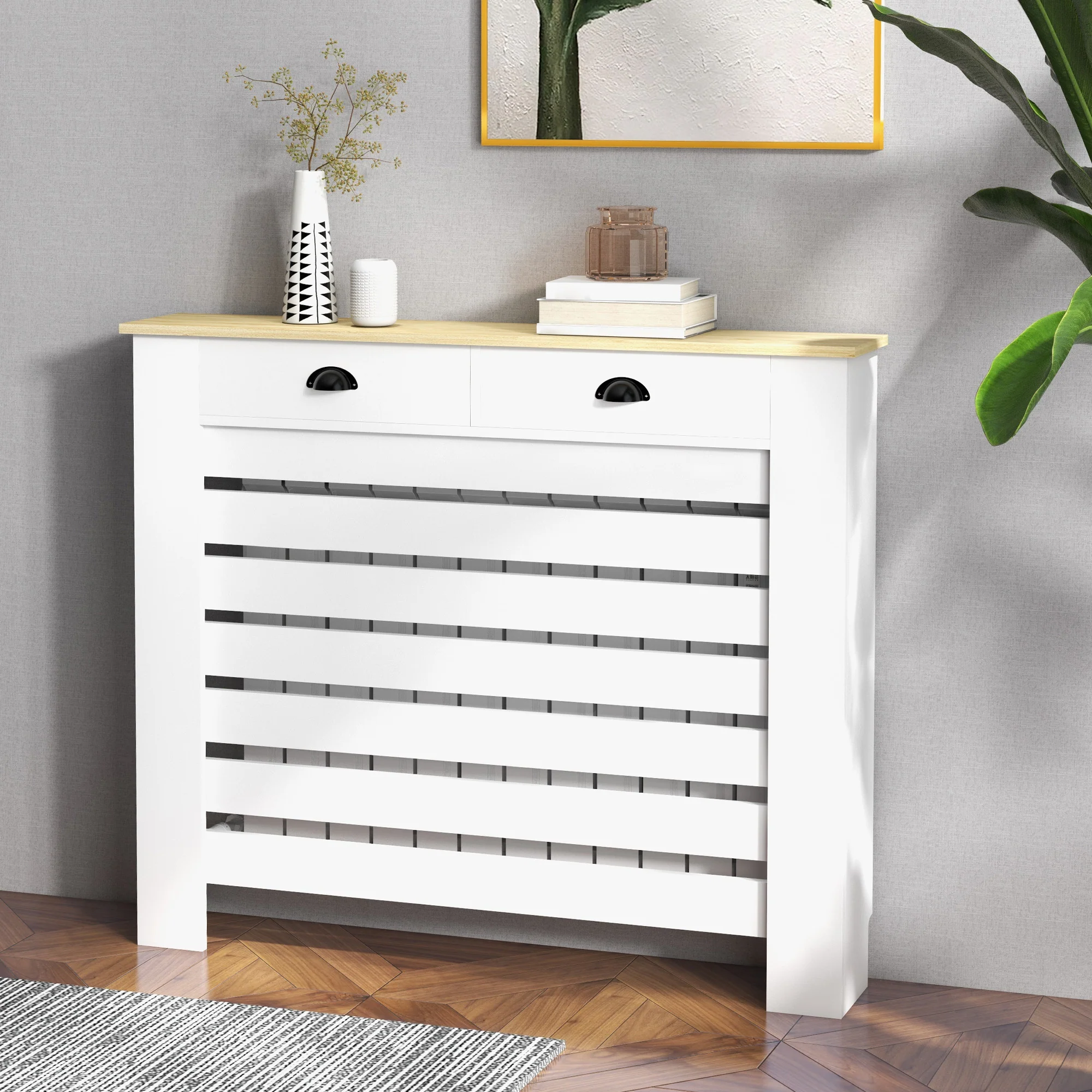 Couvercle de radiateur, cache radiateur, grille à lattes horizontales, avec 2 tiroirs, pour salon, chambre à coucher, couloir, en bois, 111 x 19 x 95,5 cm, blanc - Image 3