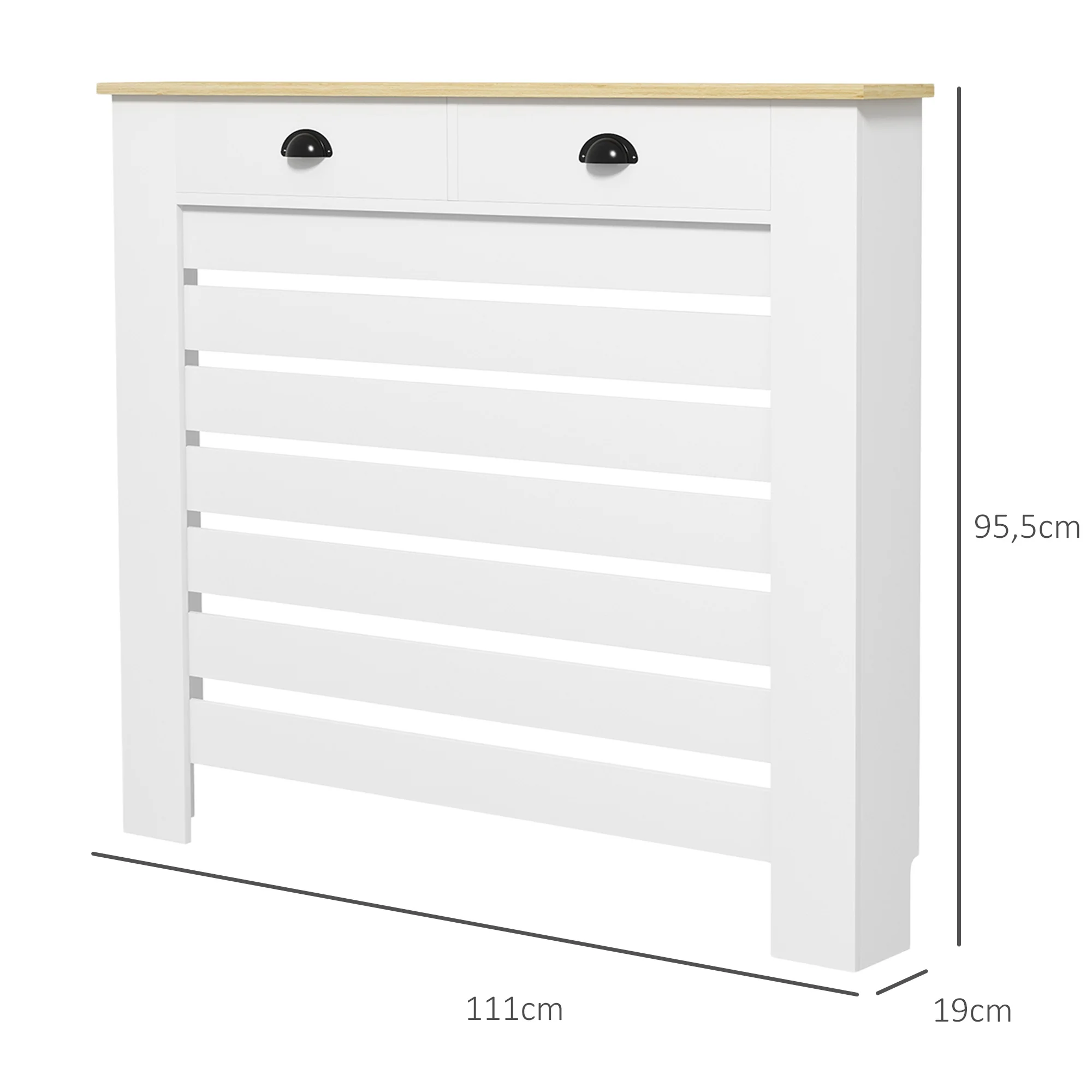 Couvercle de radiateur, cache radiateur, grille à lattes horizontales, avec 2 tiroirs, pour salon, chambre à coucher, couloir, en bois, 111 x 19 x 95,5 cm, blanc - Image 4
