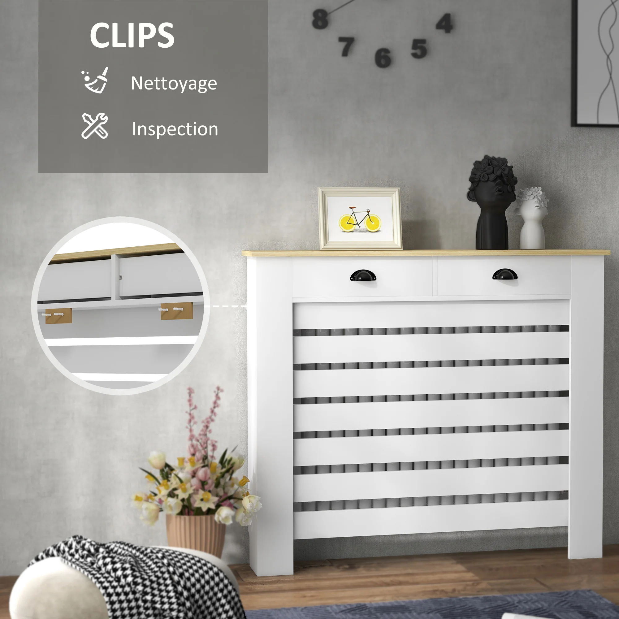 Couvercle de radiateur, cache radiateur, grille à lattes horizontales, avec 2 tiroirs, pour salon, chambre à coucher, couloir, en bois, 111 x 19 x 95,5 cm, blanc - Image 6