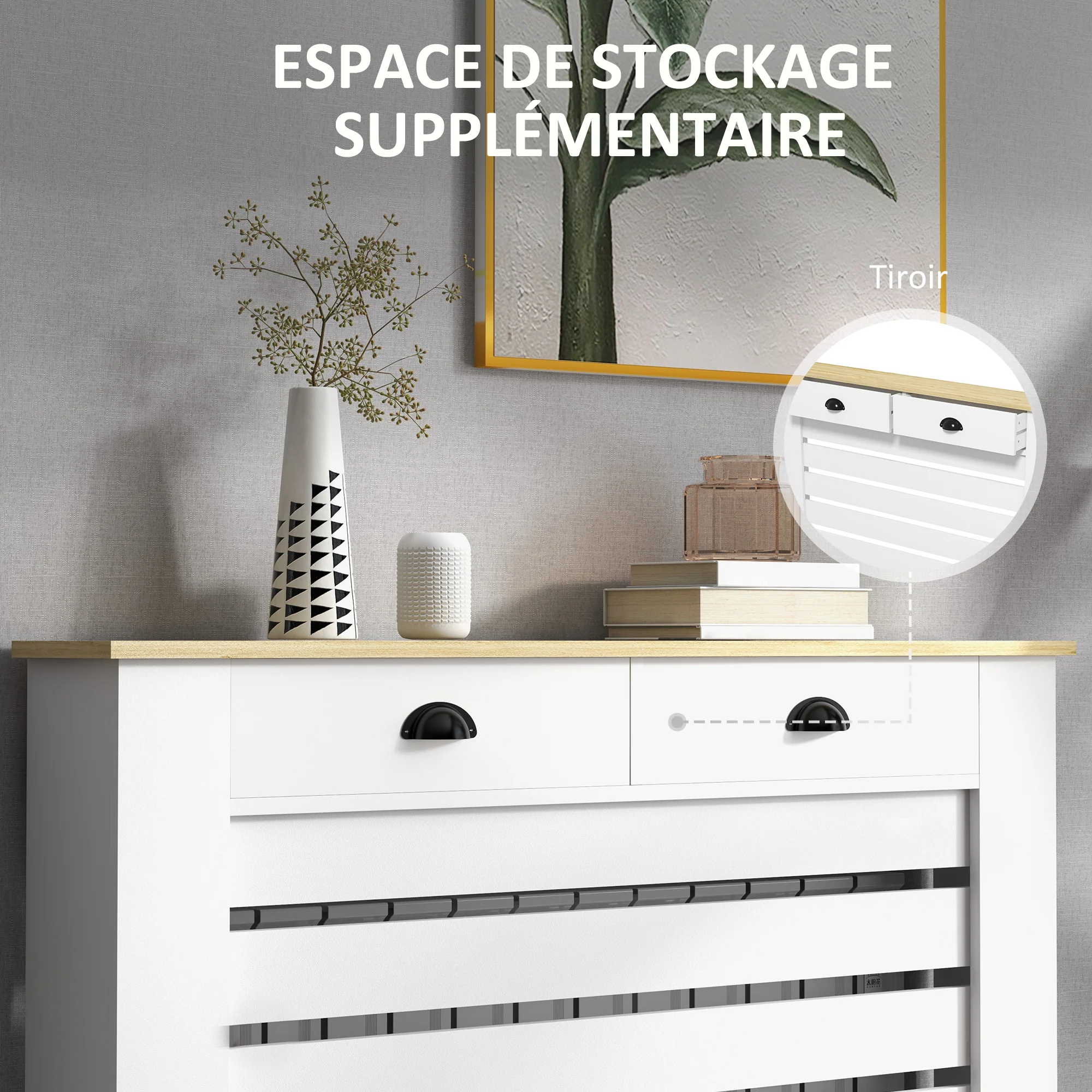 Couvercle de radiateur, cache radiateur, grille à lattes horizontales, avec 2 tiroirs, pour salon, chambre à coucher, couloir, en bois, 111 x 19 x 95,5 cm, blanc - Image 7