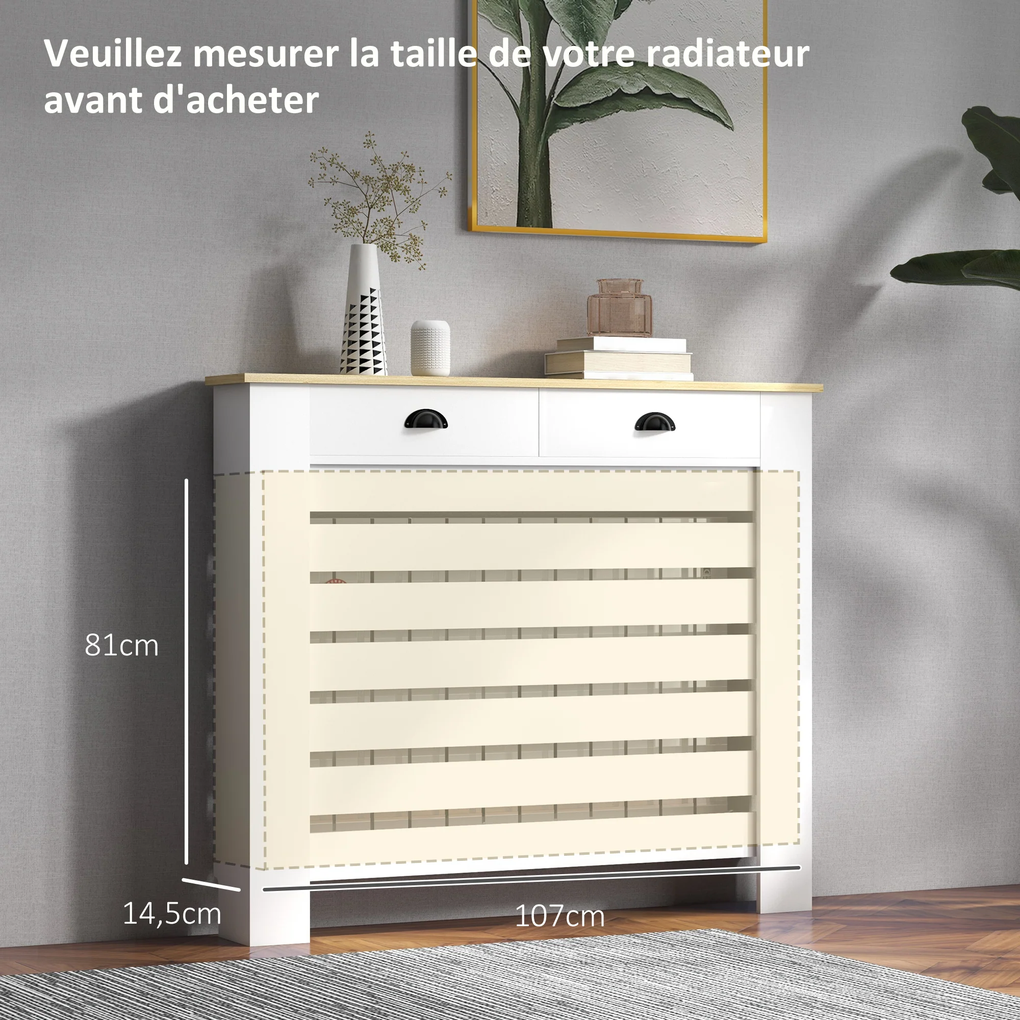 Couvercle de radiateur, cache radiateur, grille à lattes horizontales, avec 2 tiroirs, pour salon, chambre à coucher, couloir, en bois, 111 x 19 x 95,5 cm, blanc - Image 8