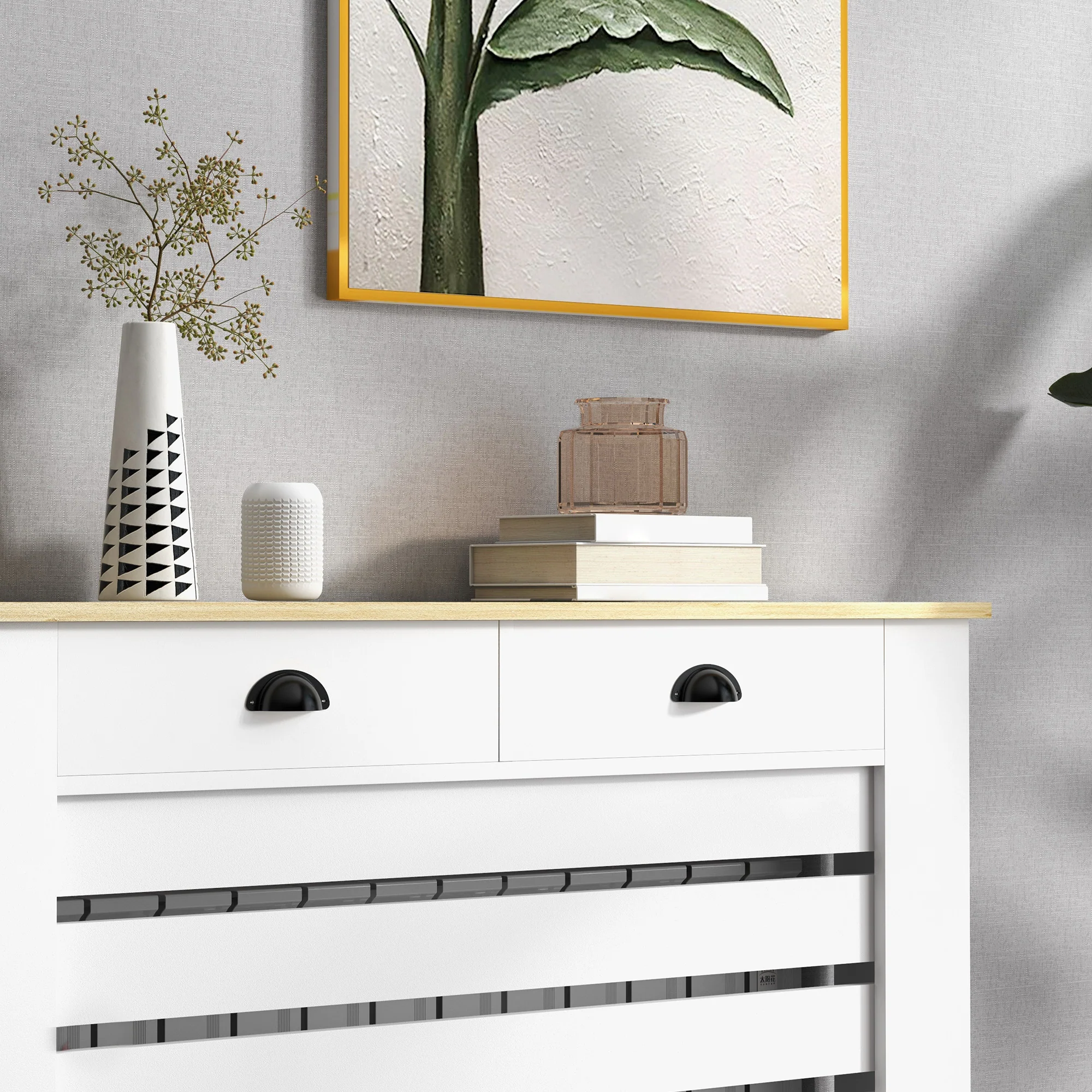Couvercle de radiateur, cache radiateur, grille à lattes horizontales, avec 2 tiroirs, pour salon, chambre à coucher, couloir, en bois, 111 x 19 x 95,5 cm, blanc - Image 9