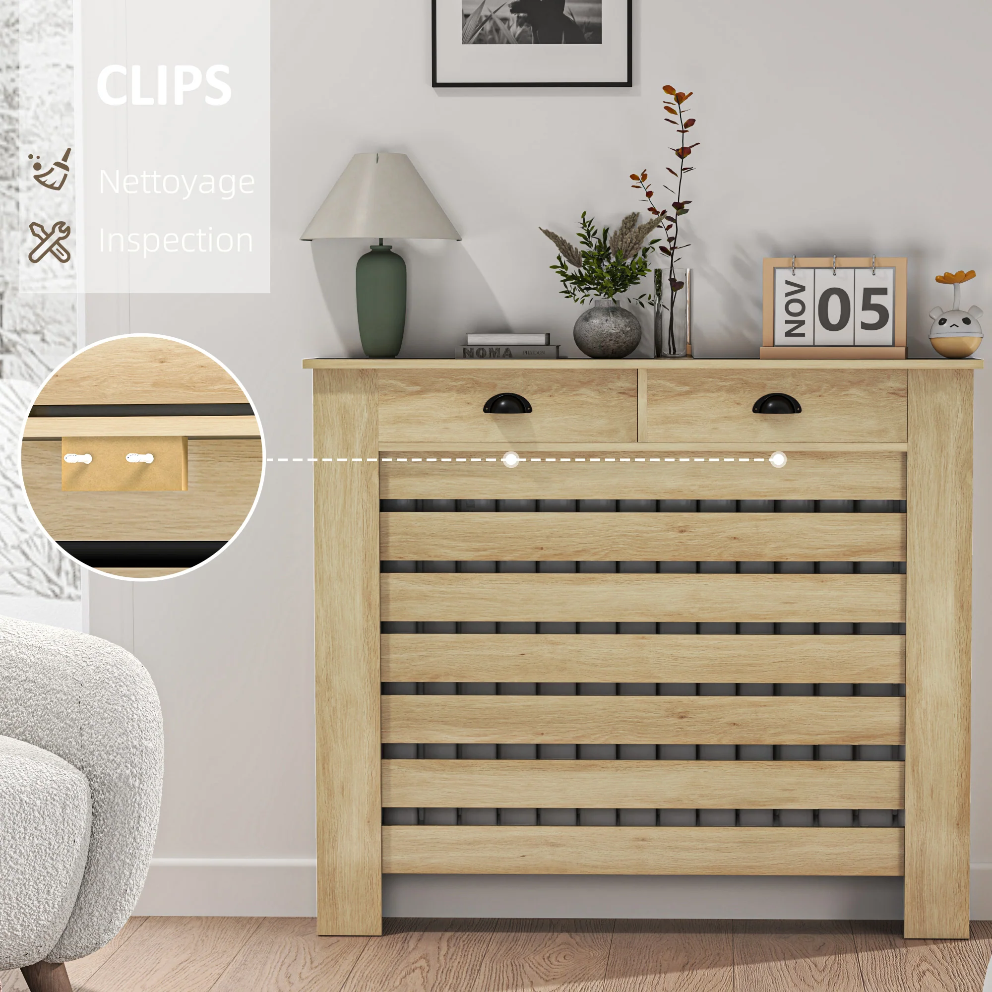 Couvercle de radiateur, cache radiateur, grille à lattes horizontales, avec 2 tiroirs, pour salon, chambre à coucher, couloir, en bois, 111 x 19 x 95,5 cm, chêne - Image 6