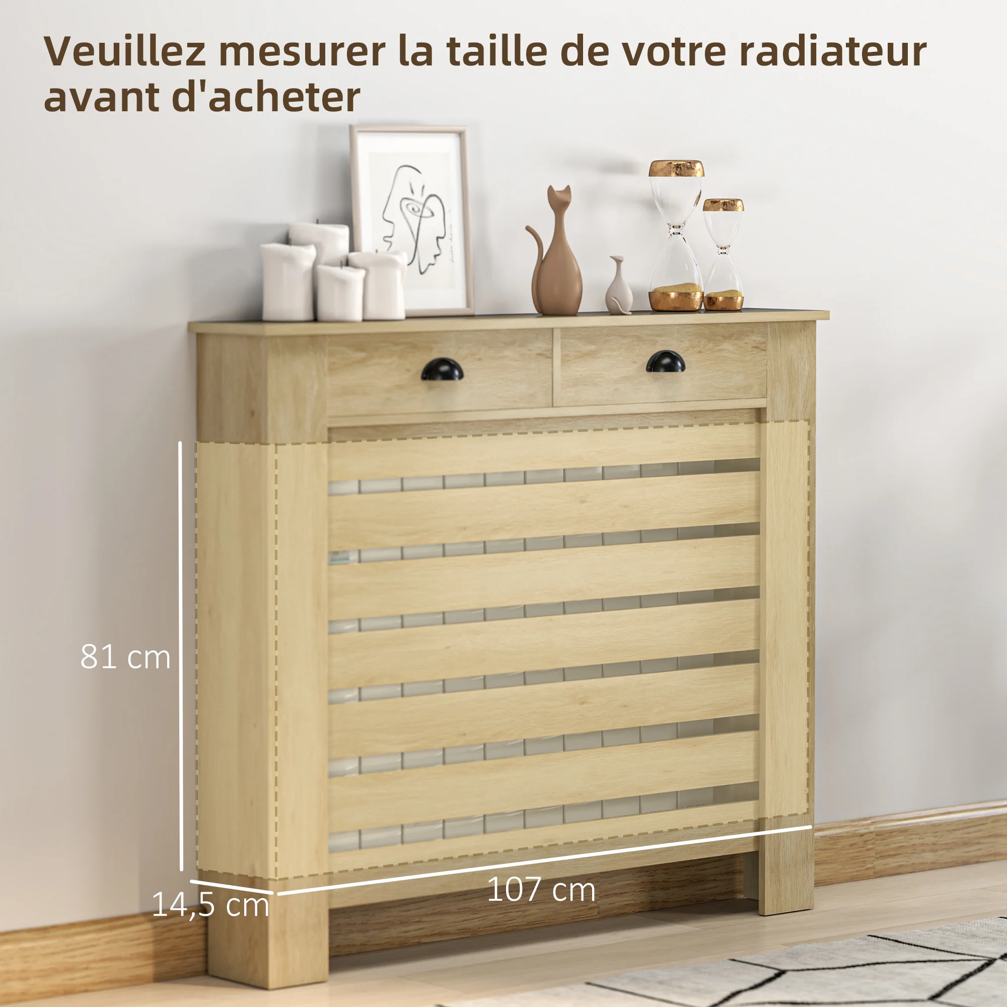 Couvercle de radiateur, cache radiateur, grille à lattes horizontales, avec 2 tiroirs, pour salon, chambre à coucher, couloir, en bois, 111 x 19 x 95,5 cm, chêne - Image 8