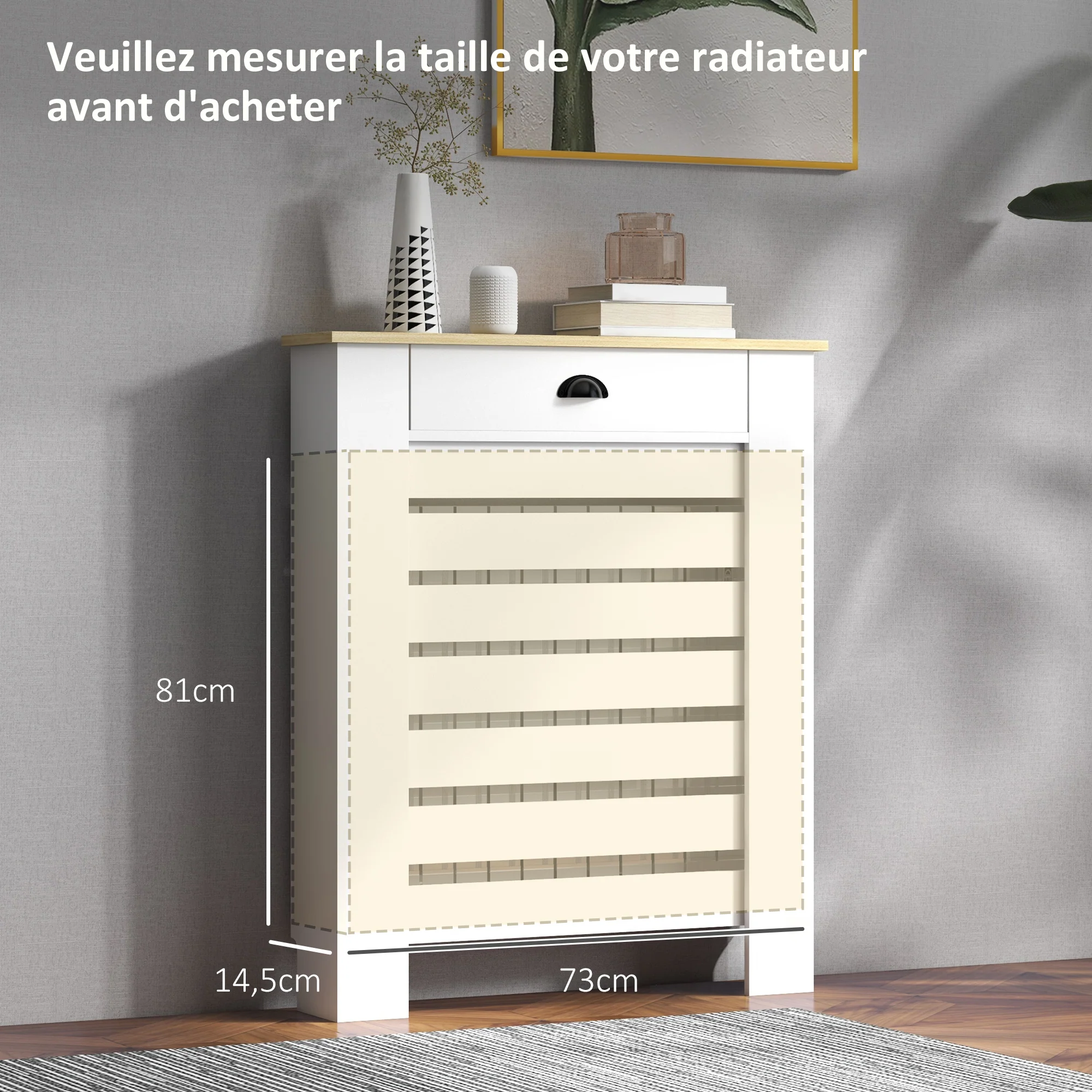 Couvercle de radiateur, cache radiateur, grille à lattes horizontales, avec tiroir, pour salon, chambre à coucher, couloir, en bois, 78 x 19 x 95,5 cm, blanc - Image 8