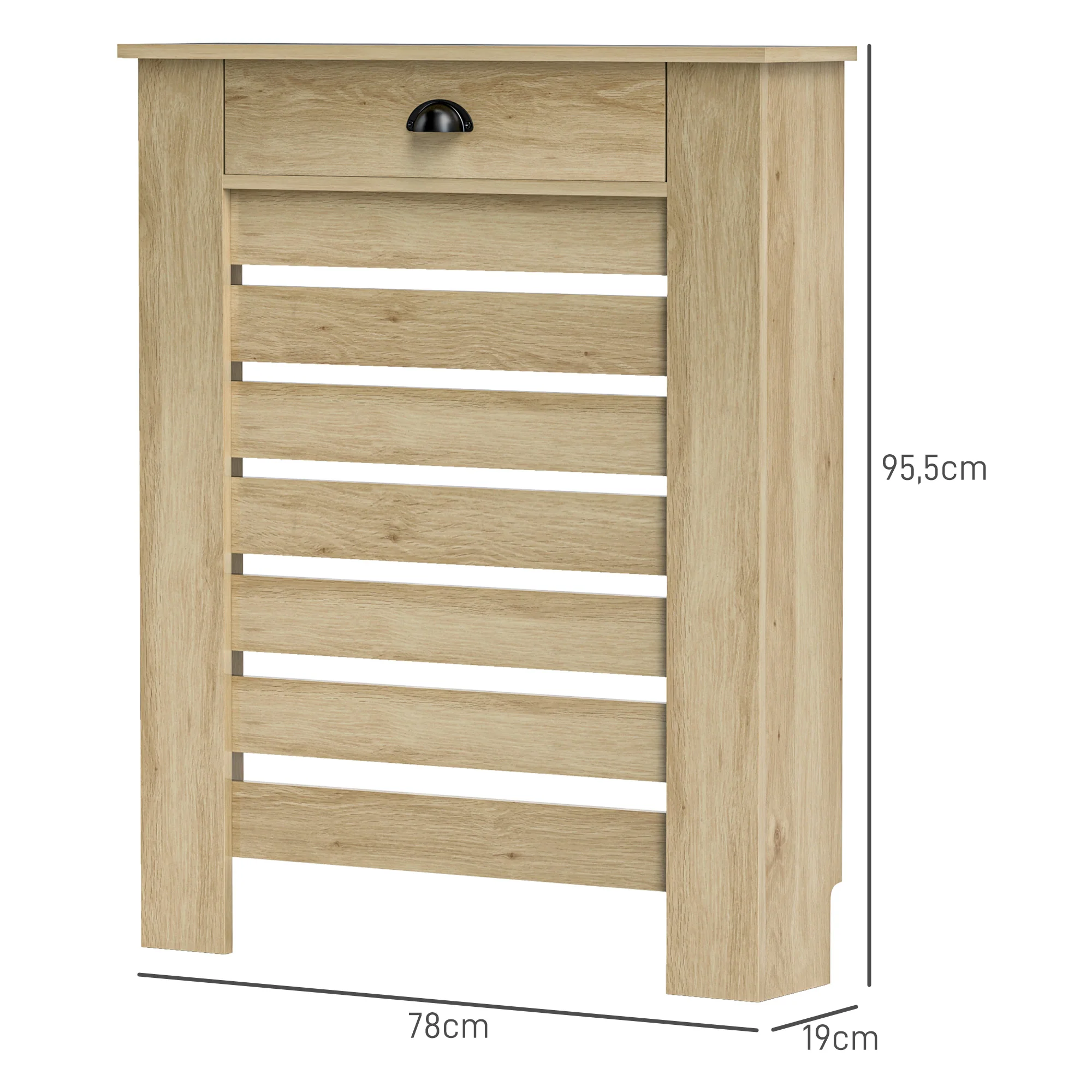 Couvercle de radiateur, cache radiateur, grille à lattes horizontales, avec tiroir, pour salon, chambre à coucher, couloir, en bois, 78 x 19 x 95,5 cm, chêne - Image 4