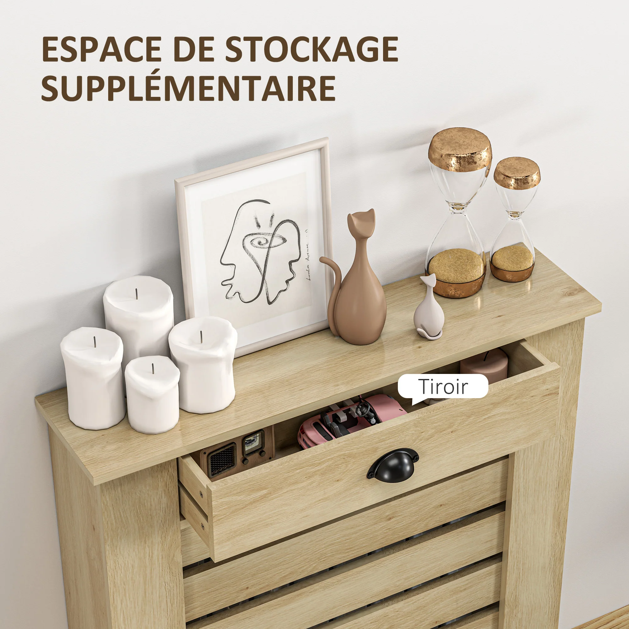Couvercle de radiateur, cache radiateur, grille à lattes horizontales, avec tiroir, pour salon, chambre à coucher, couloir, en bois, 78 x 19 x 95,5 cm, chêne - Image 7
