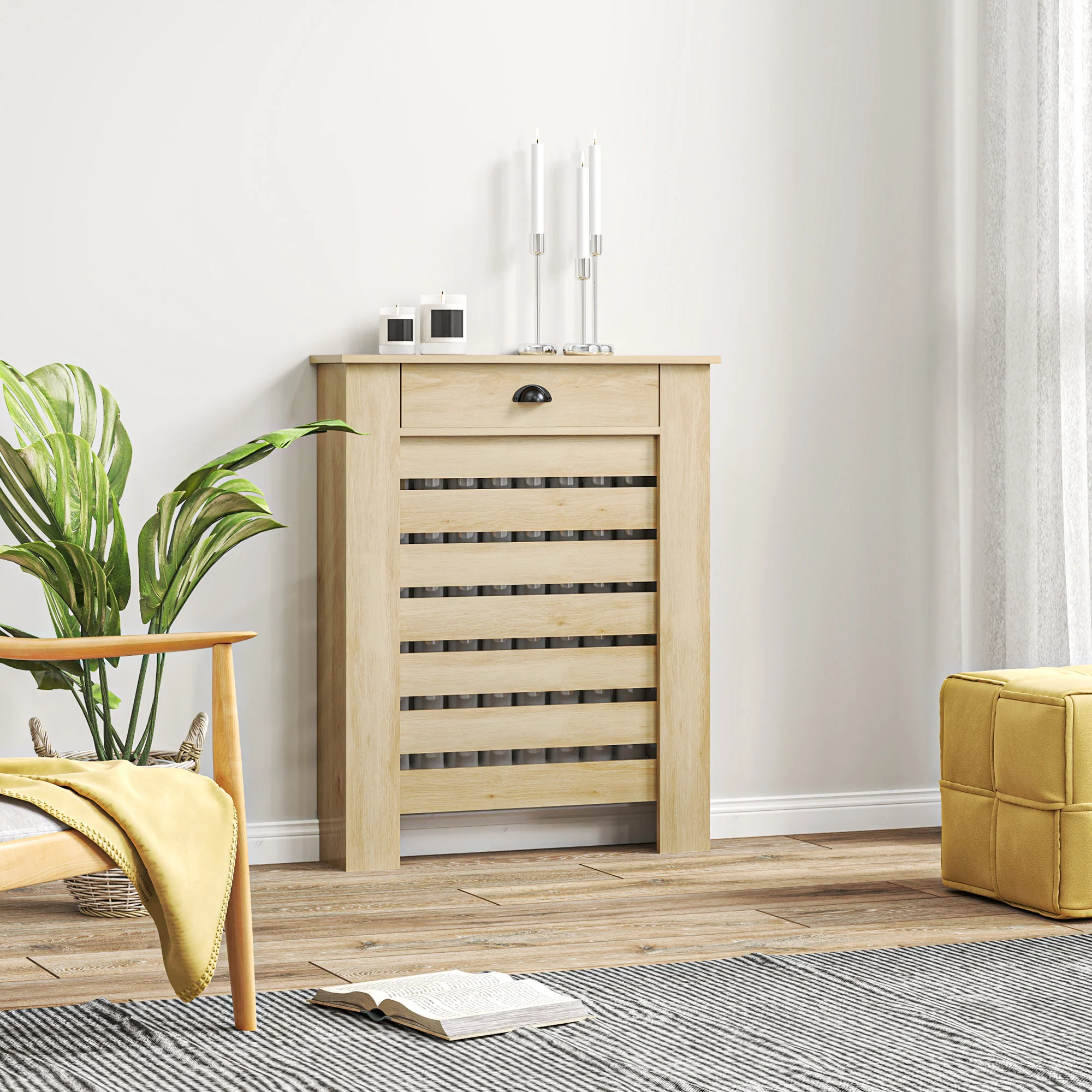 Couvercle de radiateur, cache radiateur, grille à lattes horizontales, avec tiroir, pour salon, chambre à coucher, couloir, en bois, 78 x 19 x 95,5 cm, chêne - Image 9