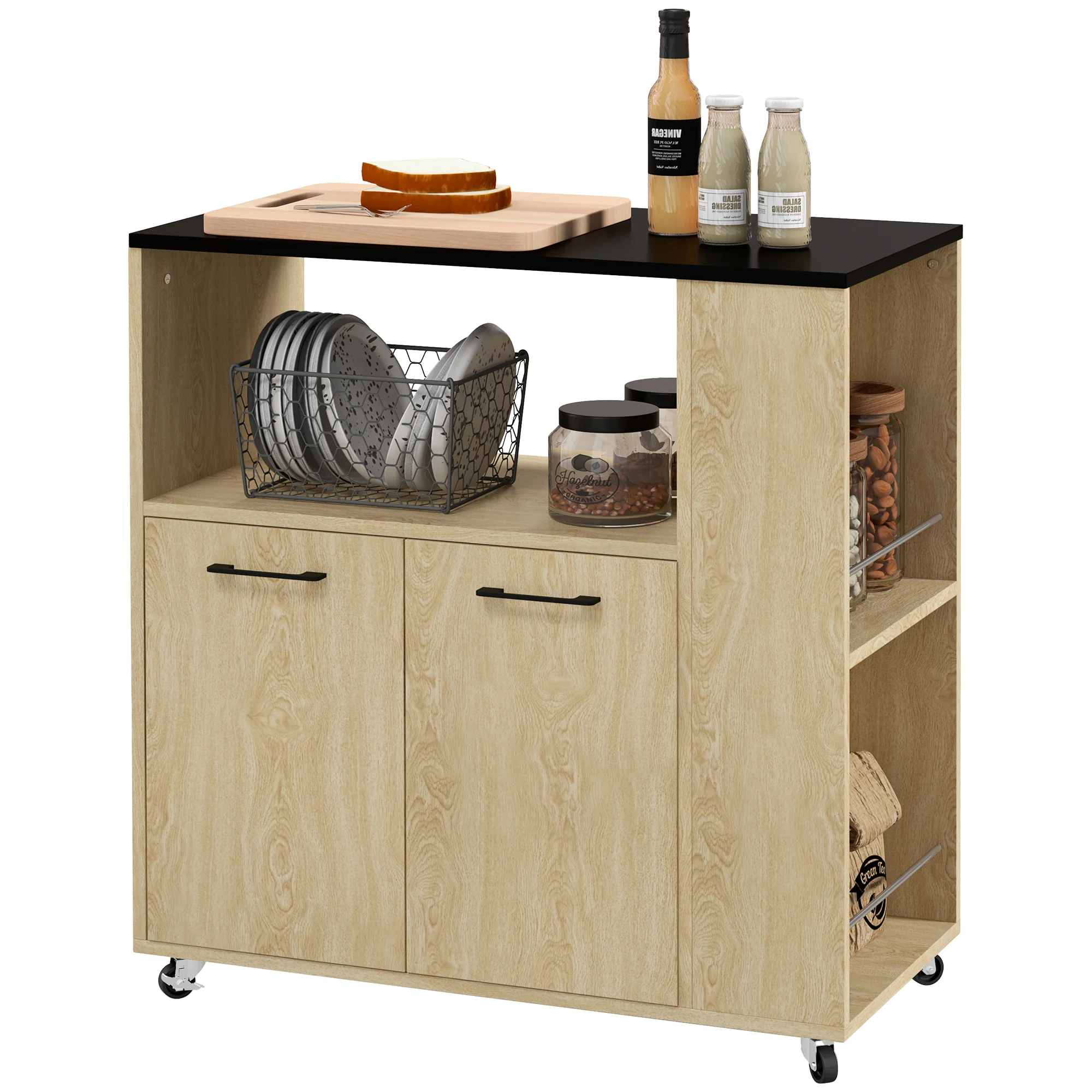 Desserte de cuisine à roulettes chariot de service étagère réglable multi-rangements meuble de rangement pour cuisine et salon 75 x 40 x 80,5 cm naturel noir - Image 2