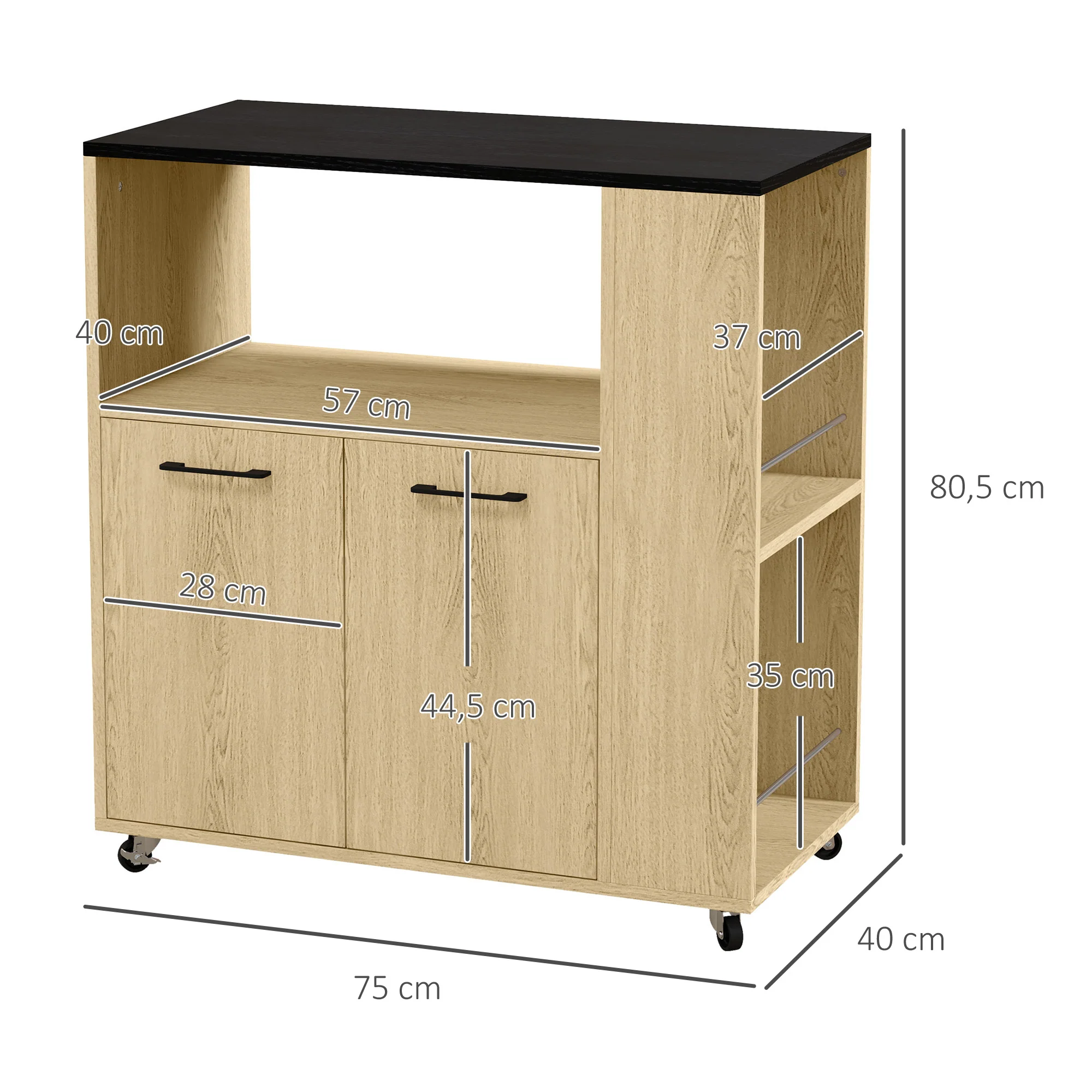 Desserte de cuisine à roulettes chariot de service étagère réglable multi-rangements meuble de rangement pour cuisine et salon 75 x 40 x 80,5 cm naturel noir - Image 4