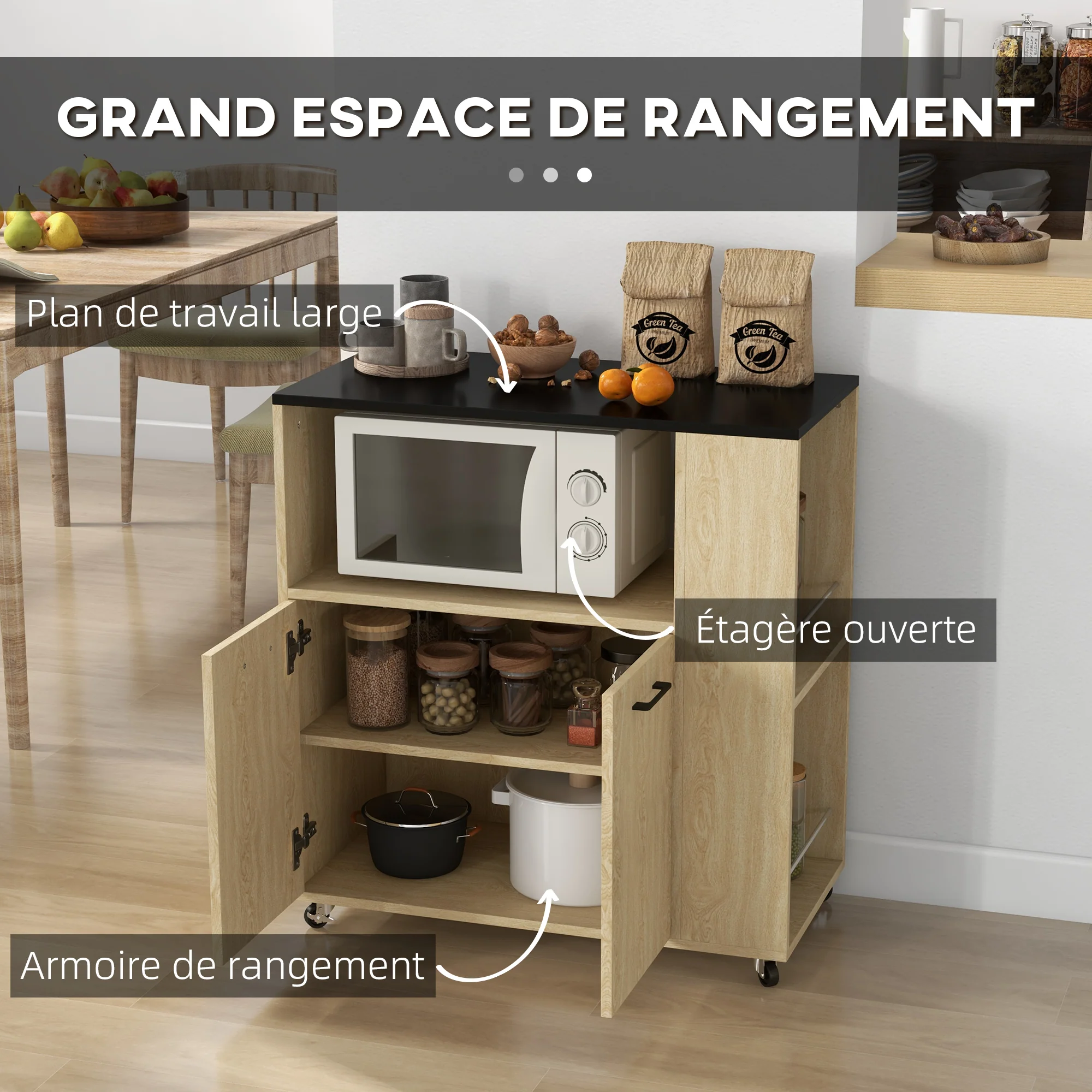 Desserte de cuisine à roulettes chariot de service étagère réglable multi-rangements meuble de rangement pour cuisine et salon 75 x 40 x 80,5 cm naturel noir - Image 5