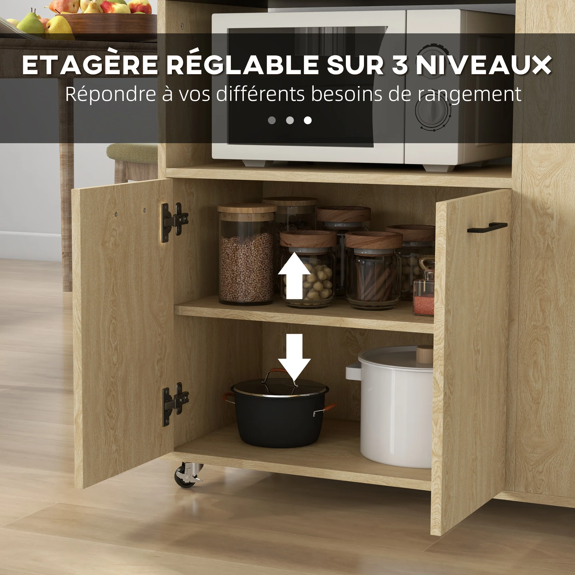 Desserte de cuisine à roulettes chariot de service étagère réglable multi-rangements meuble de rangement pour cuisine et salon 75 x 40 x 80,5 cm naturel noir - Image 7