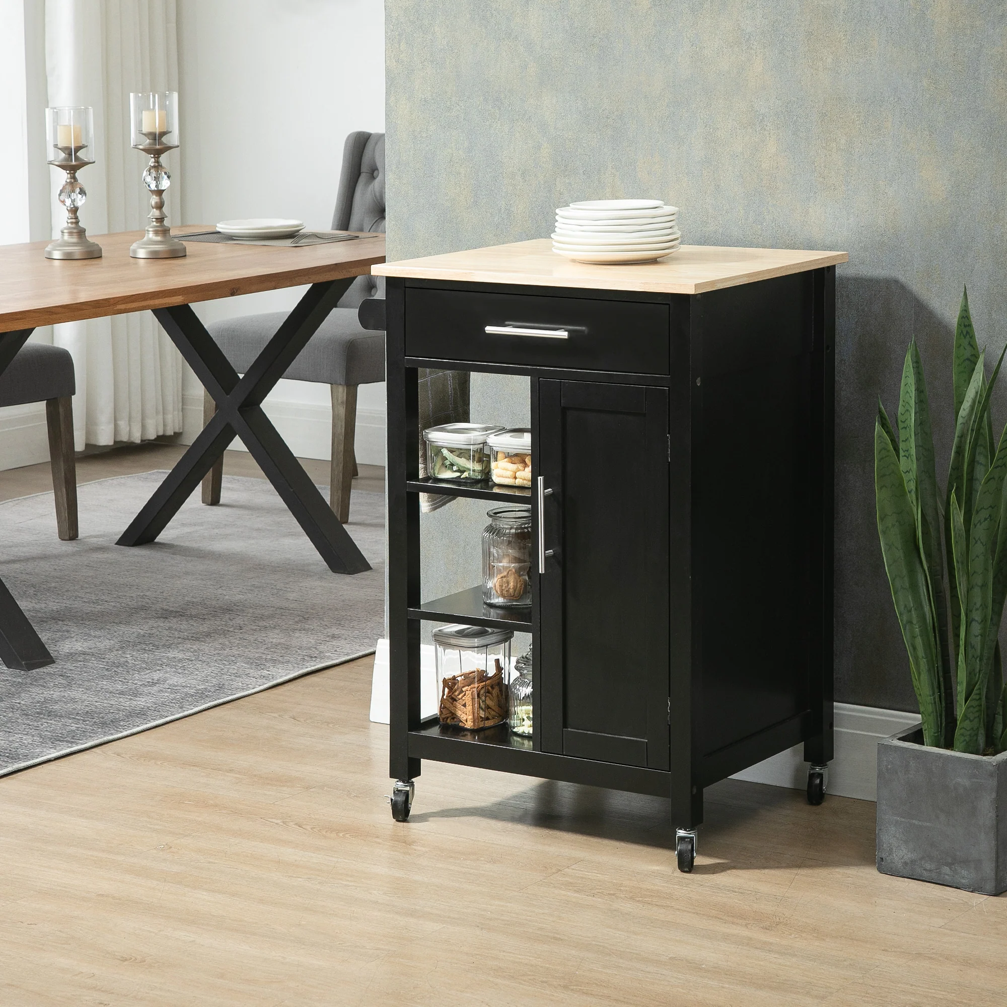 Desserte de Cuisine à roulettes Chariot de Service Style Contemporain - Porte, tiroir, 3 étagères - poignées métal Plateau Bois hévéa Noir - Image 3