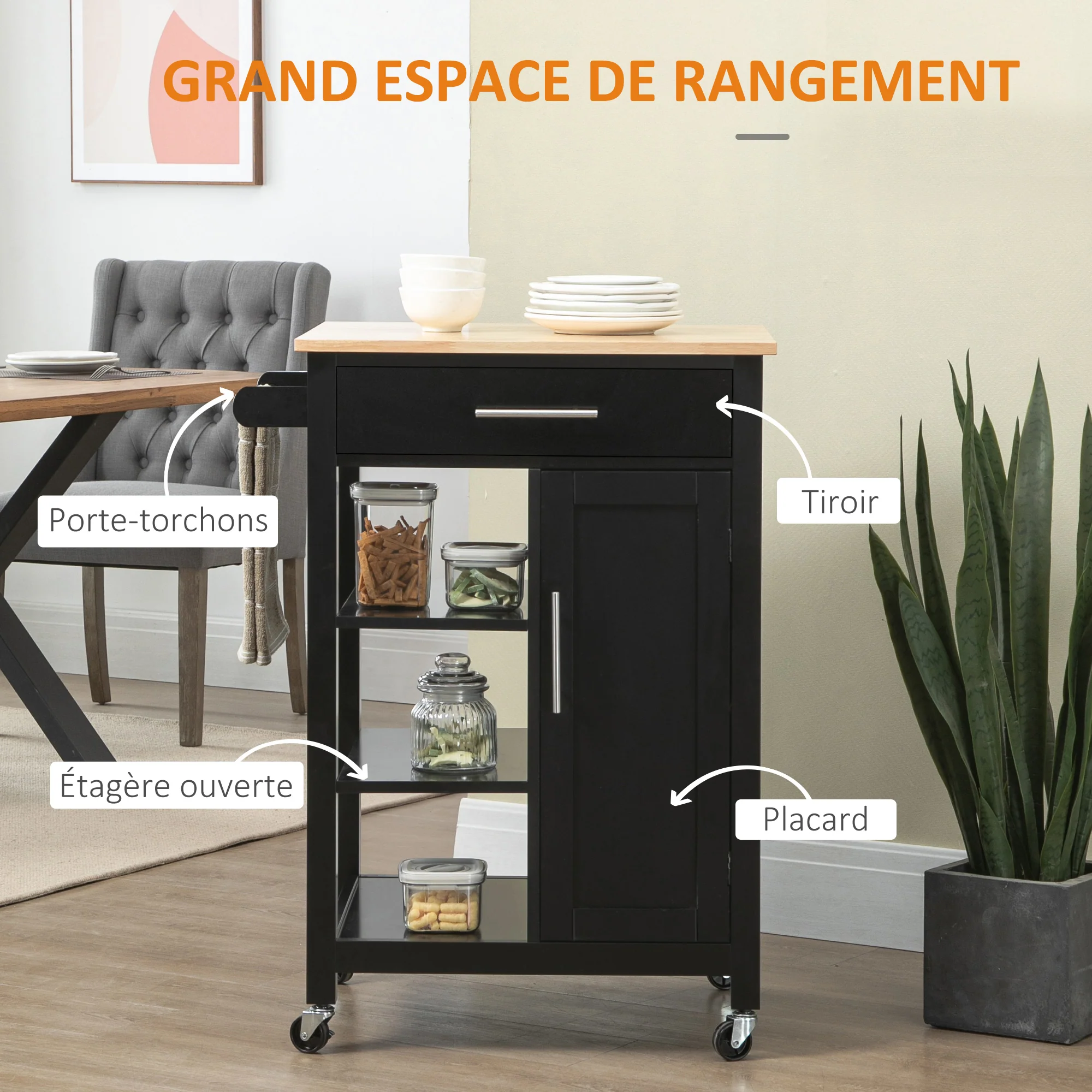 Desserte de Cuisine à roulettes Chariot de Service Style Contemporain - Porte, tiroir, 3 étagères - poignées métal Plateau Bois hévéa Noir - Image 5